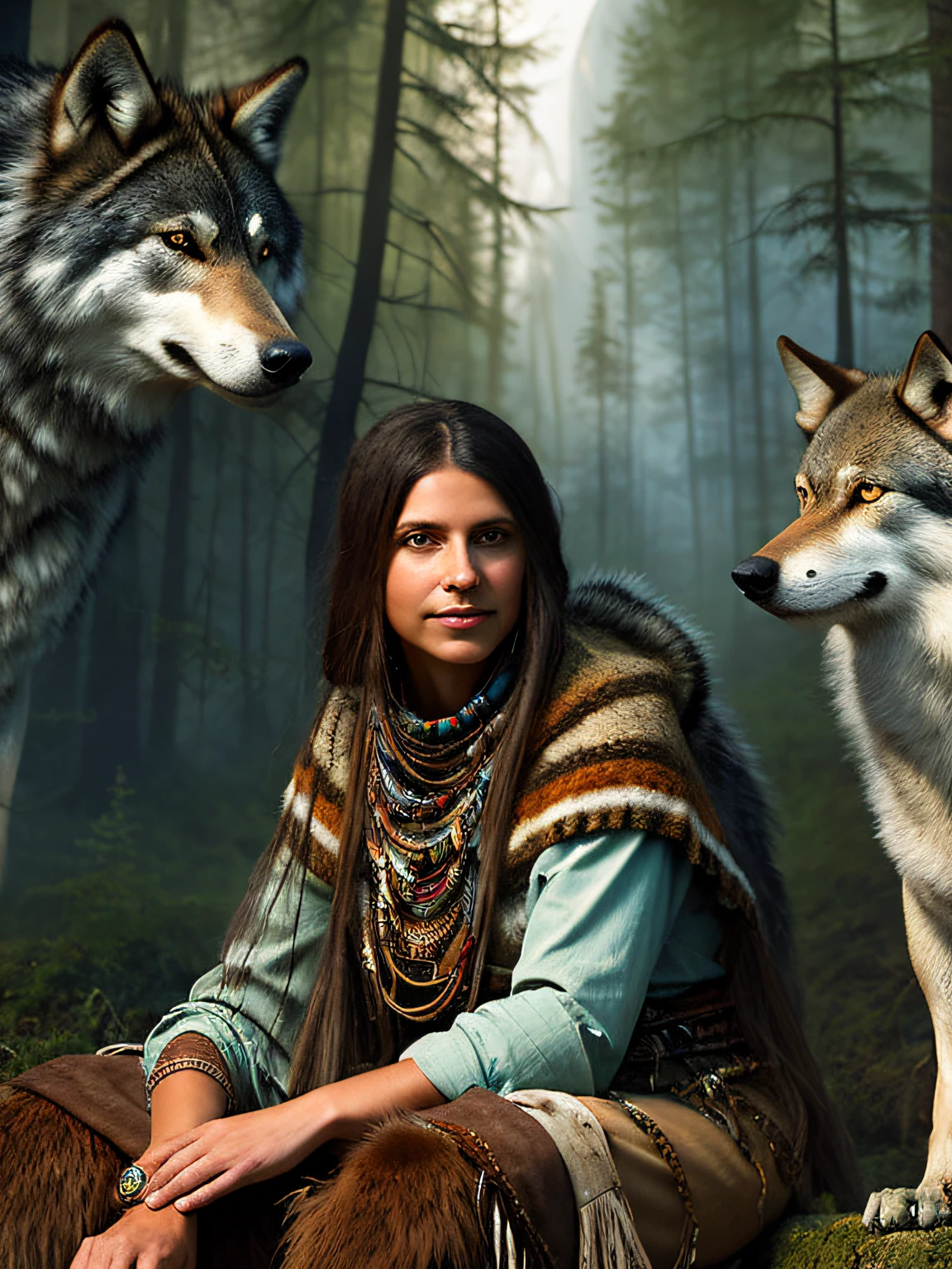 painting of a native woman sitting in front of a wolf, : native american shamen fantasy, wolfgirl, ( art fitzpatrick ), native american art, by Howard Lyon, by Cindy Wright, native american, year 2 3 0 0, wolves and their treasures, wolves, by Stan Stokes, 3 0, illustrative, stunning woman, by Eddie Mendoza