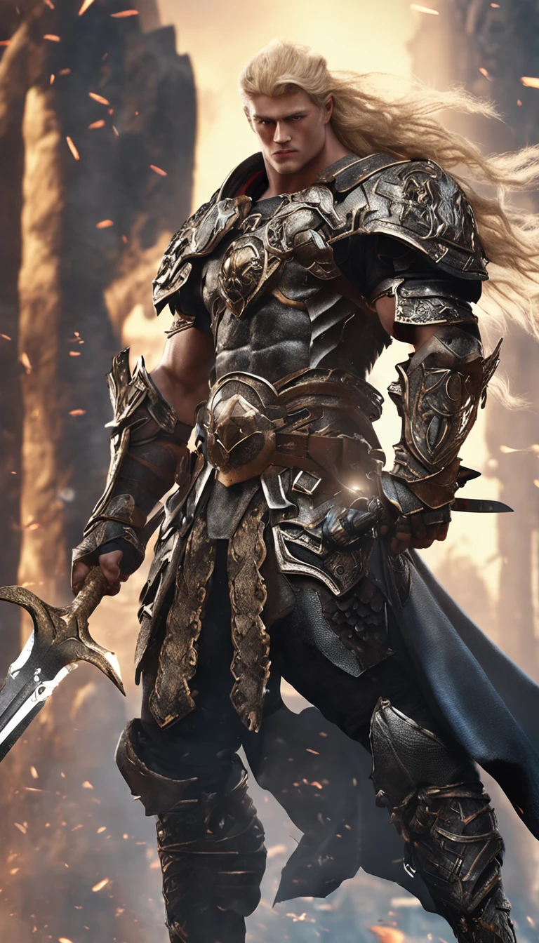 (Outstanding、Professional、Surreal)、muscular barbarian, blonde hair, 1 male, 21 years old, manly, black legendary armor, rugged look, Detailed sword, Metallic texture,