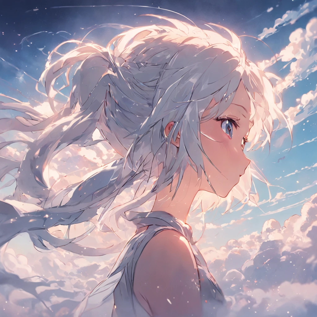 Perfect anime illustration，Extreme close-up portrait of a beautiful white haired girl with ponytail walking in a sea of clouds