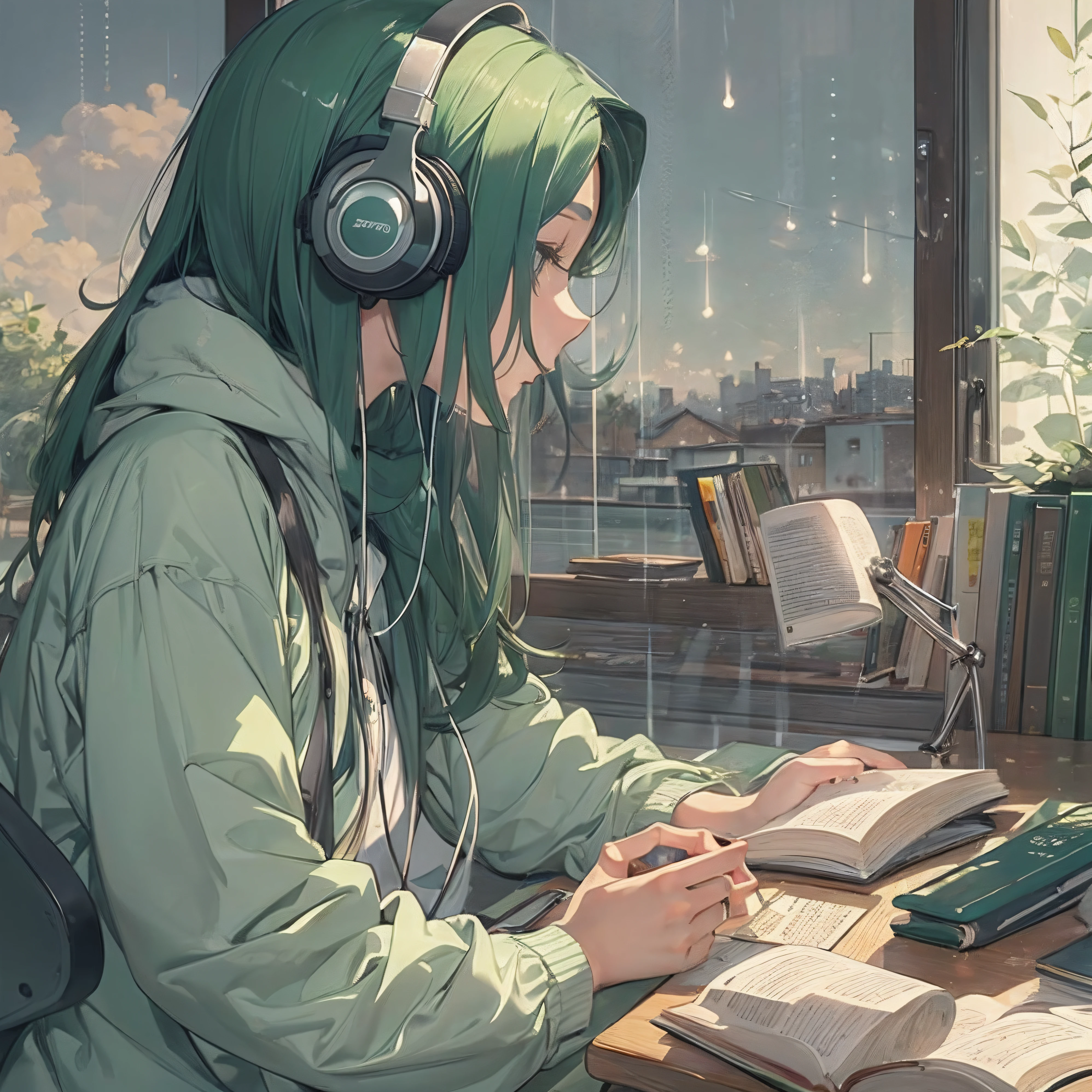 ((lo fi music for study: 1.3) +(japanese aesthetic: 1.1))e(auto-estudo:0.9),Minimalista, Ambiente, cores silenciadas,peaceful, Relaxed, aconchegante,calmo,ritmo lento,conducive for concentration,reconfortante, night time, livro aberto, coffee cup, desk lamp, light rain outside,estudante, green colour headphones on head,leitura, produtivo.