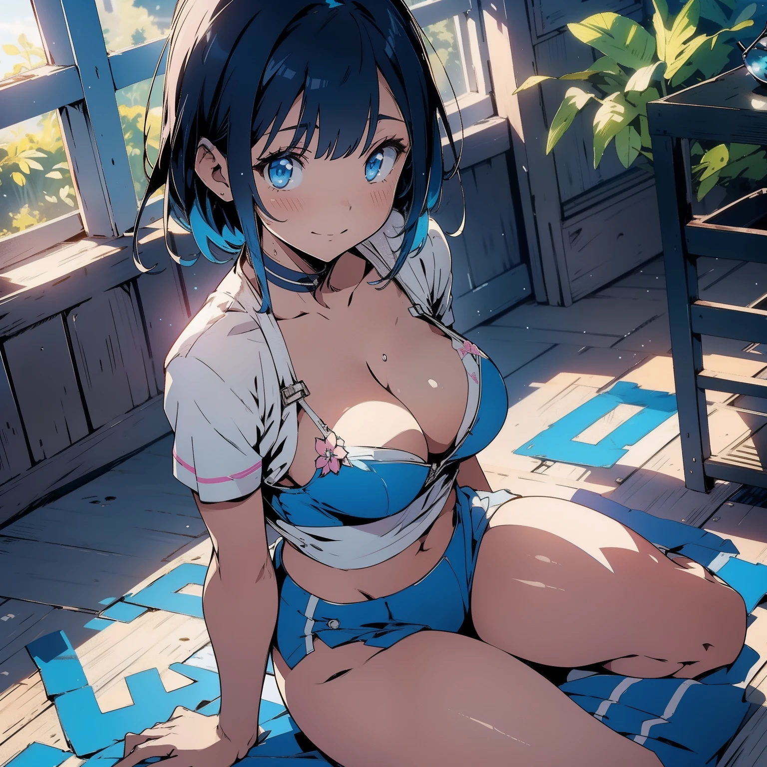 ((unity 8k wallpaper ,Top quality, masterpiece, high resolution, sitting on the ground, blushing, very delicate and beautiful, unbottoned shirt, cleveage, white bra showing, anime style))((seductive smile)),1girl,full body,looking at viewer,from above,classroom,sunlight,clear sky,20years old,big round breasts, blue short hair, blue eyes