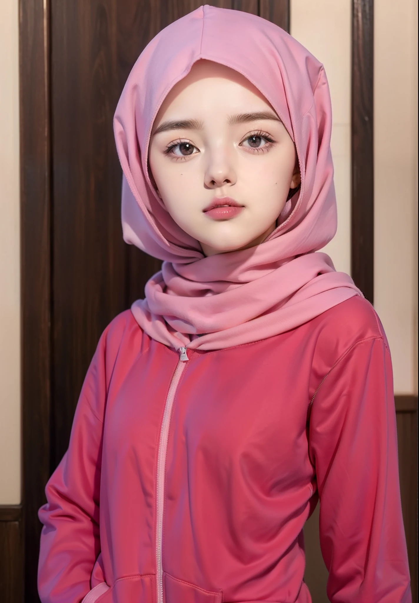 Real life adaption of this character,(she is wearing realistic pink hijab),wearing realistic red maroon hoodie with white Zipper,Korean teen cute face,hyper realistic,realistic light,realistic shadow,(photorealistic:1.2),realism,realistic skin,realistic beautiful eye