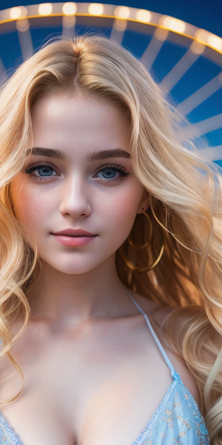Photo of a 20-year-old European girl, raw, Beautiful woman, (Long wavy blonde hair), ((Portrait)), ((Detailed face:1.2)), ((detailed facial features)), (finely detailed skin), pale skin,Park, London Ferris Wheel、One piece dress with fluffy cleavage visible、A sexy(cold color), moist, moist, Reflectors, (masutepiece) (perfectly proportions)(photos realistic)(Best Quality) (Detailed) photographed in a Canon EOS R5, 50mm Lens, F/2.8, nffsw, (Grinning) (Wallpaper) (Cinematic lighting) (Dramatic Lighting) (foco nítido) (Convoluted) Fashion, From above