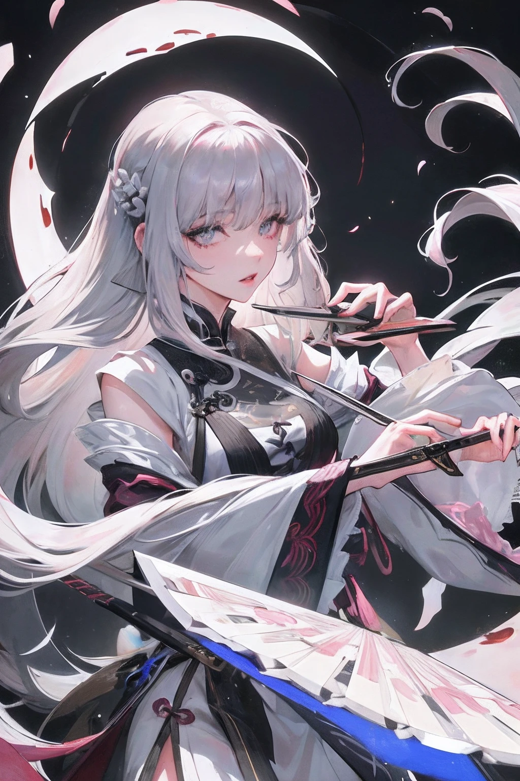 8K, masterpiece, best quality, night, full moon, 1 girl, Chinese style, Chinese architecture, mature woman, sister, silver white long haired woman, long hair, light pink lips, calm, rational, bangs, gray pupils, assassin, fan, knife fan, petal dancing, delicate face,