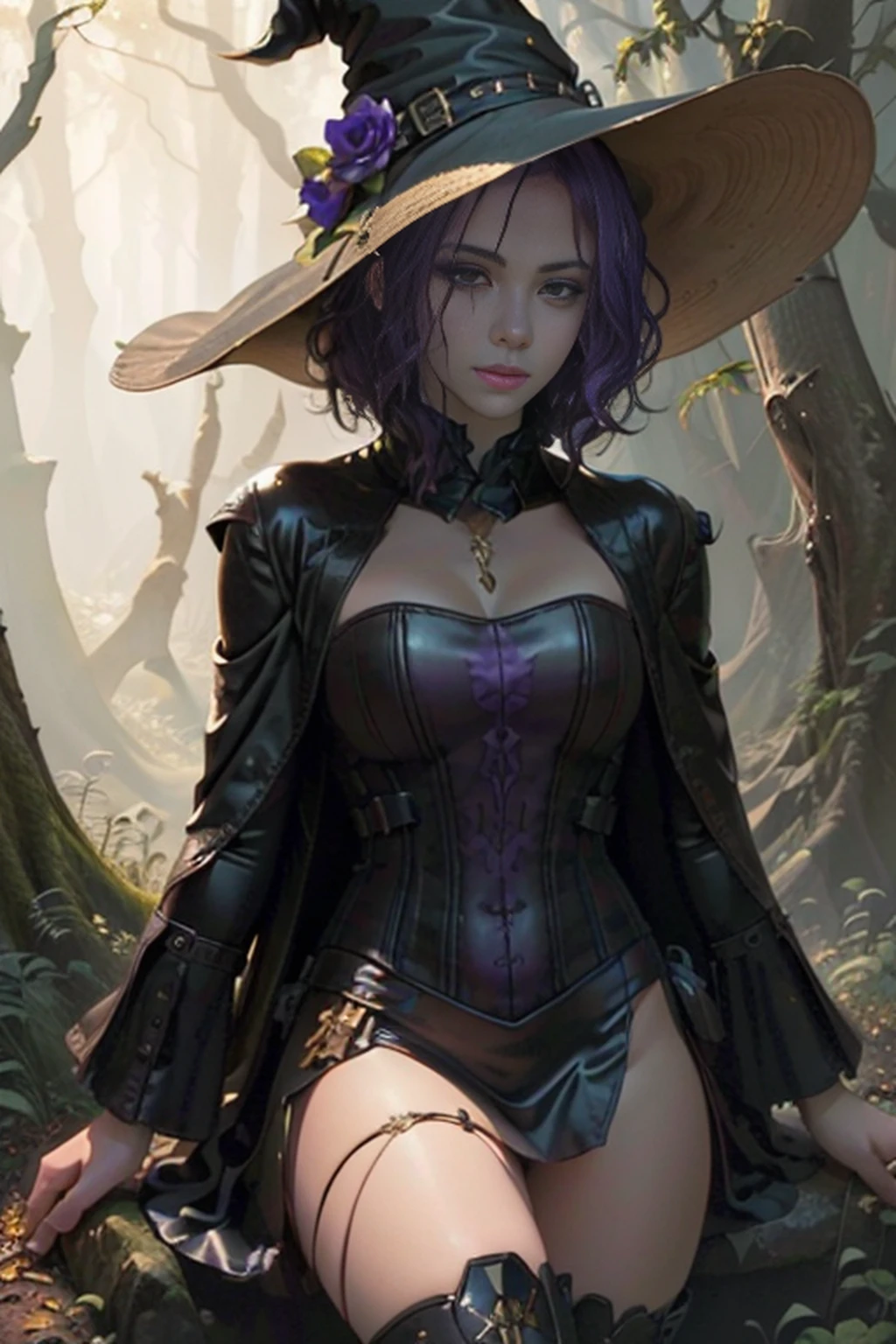 Stempunk witch with purple hair and hat in a forest, Modelo IG | Artgerm, Artgerm extremamente detalhado, WLOP e Artgerm, WLOP | Artgerm, estilo de arte de fantasia, Wlop Ross, estilo Artgerm, Wlop e RossDraw, Artgerm. anime illustration, ! arte dos sonhos