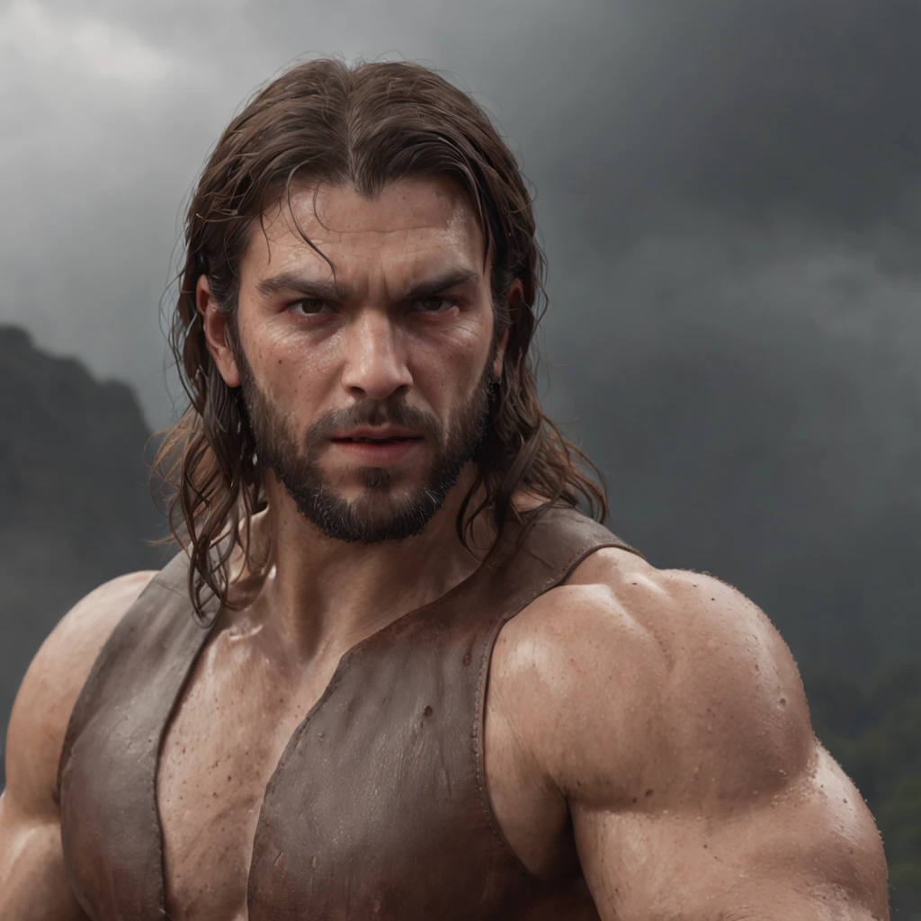 (Professional 3D rendering:1.3) de (Realistic:1.3) Foto de arte mais bonita do mundo,Features soft, bright male heroes, ((Epic hero fantasy rough muscular man wet hero angry look long hair short beard and fierce expression on his knees, fantastic location, majestoso ambiente desordenado)), corpo inteiro 8k unidade render, action shot, poros da pele, very dark lighting, sombreamento pesado, circunstanciado, Rosto detalhado, (vibrante, fotogrdeia realista, Realistic, Dramatic, Escuro, foco nítido, 8k), (Old leather clothes damaged by bad weather:1.4), ((((Use peles)))), (intrincado:1.4), decadente, (altamente detalhado:1.4), pintura digital, rendering by octane, art stations, Conceito-Arte, liso, foco nítido, illustration, germe da arte, (Loish:0.23), Wlop Ilya Kuvshinov, e Greg Rutkowski e Alphonse Mucha Gracias, (global ilumination, studiolight, Light Volumetric), chuva forte, floating particles, patife, fantasia, Onze, corpo inteiroesbian, ((Fundo escuro e antigo da cidade:1.3)),CGSesociedade,art stations