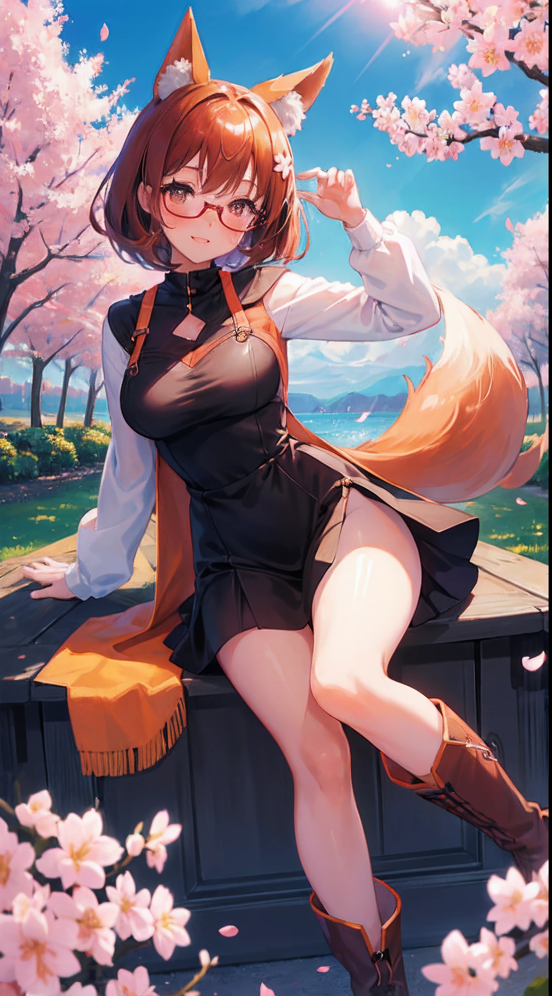 ultra detailed, 1girl, idol pose, (blushing), head tilt, orange fox ears ,paint on cheek, large thighs, boots, fringe, using glasses, winter clothes, Delighted, Happy, black luxury dress , normal breast, beautiful girl, (shiny skin:1.2), brown eyes, (pupils sparkling), brown hair, short hair, elegant, wind, BREAK, flower fields: frame the scene with cherry blossoms petals, cherry blossoms branches, wind, landscape, anime