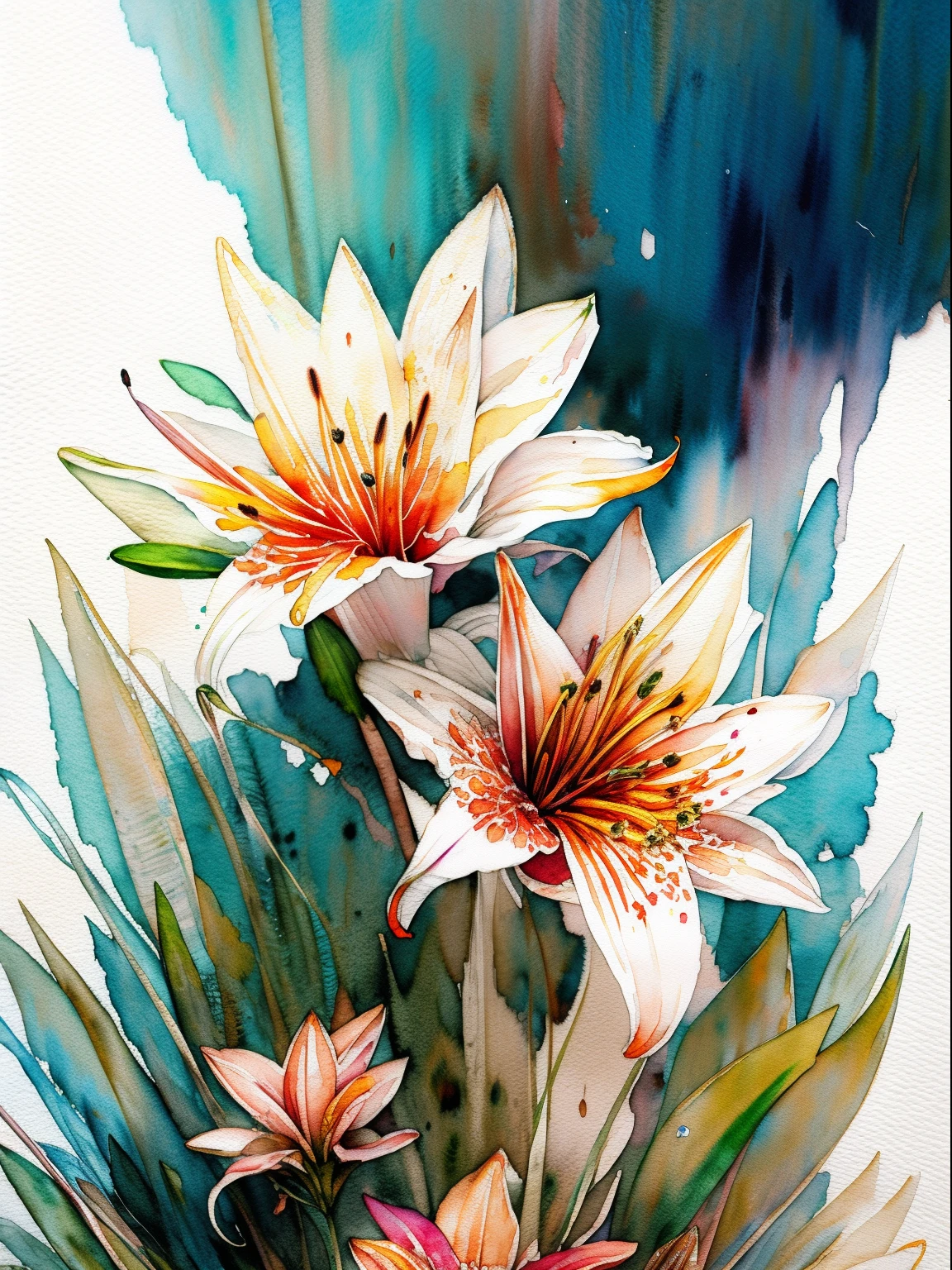wtrcolor style, digital art of (lilies), official art, blown by the wind, masterpiece, beautiful, ((watercolor)), paint splatter, intricate details. Great detail, [dripping:0.5], trending on Artstation, Rachel Walker