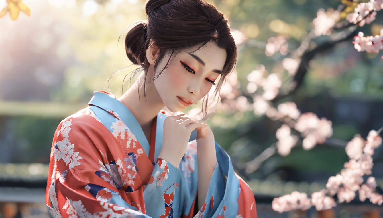 Realistic girl in a blue Japanese kimono dress sitting on a border, nice hands, Nice face, corpo bonito, cabelo curto, Free Pose Female Samurai in Japanese Clothes Wearing Summer Breeze The kimono pattern is also expressed in detail and in an easy-to-understand way, Beautiful Japan garden in the background, extremamente realista.