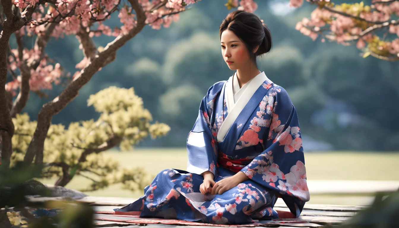 Realistic girl in a blue Japanese kimono dress sitting on a border, nice hands, Nice face, corpo bonito, cabelo curto, Free Pose Female Samurai in Japanese Clothes Wearing Summer Breeze The kimono pattern is also expressed in detail and in an easy-to-understand way, Beautiful Japan garden in the background, extremamente realista.