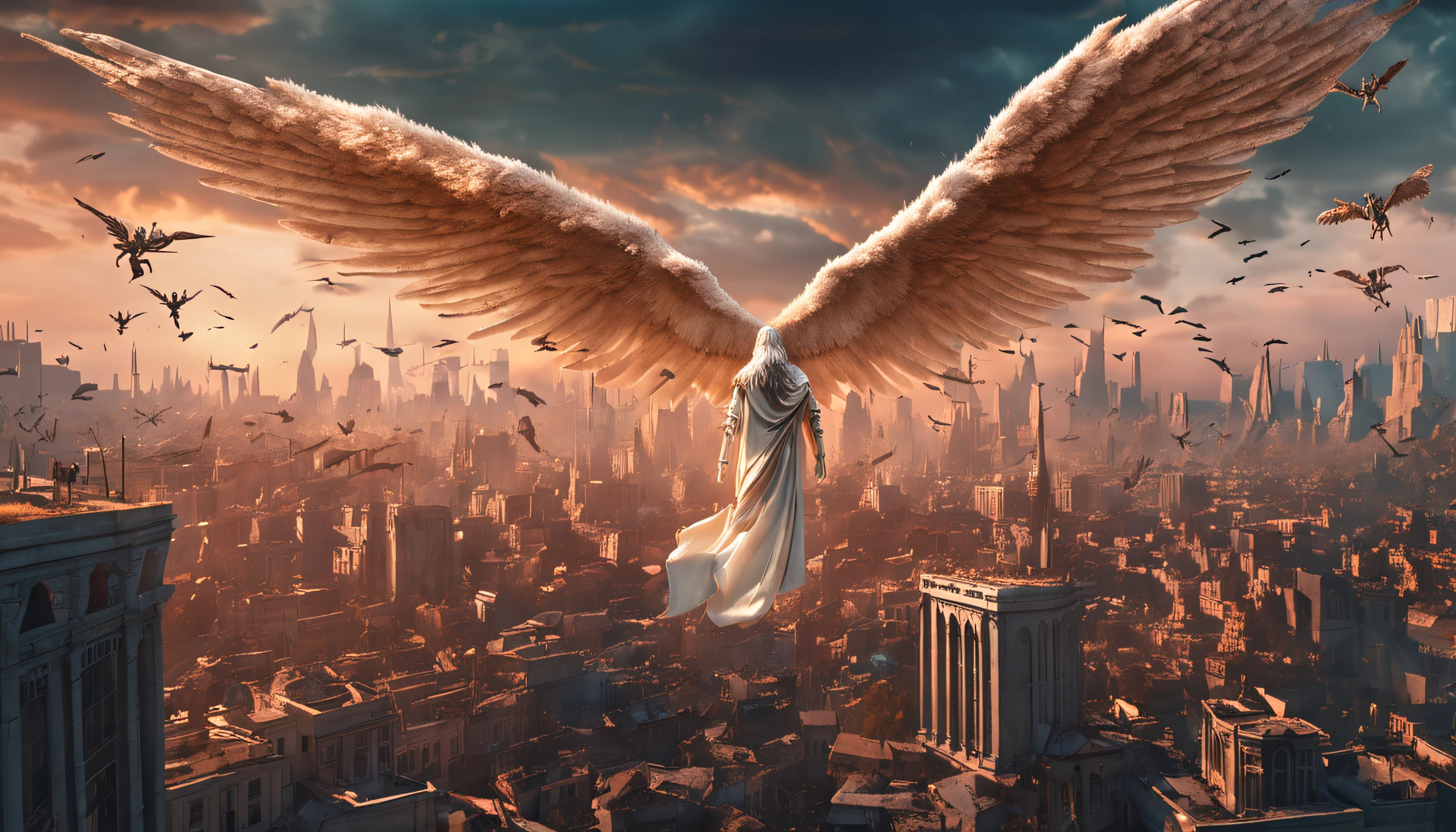 There is a statue of an angel on a ledge above a city, angel protecting woman, angel watching demon, angel protecting man, she is approaching heaven, angels protecting a praying man, angel in hell, angels in heaven, wallpaper hd, angel statues, probe hell or become angelic, human need death angel, breathtaking, angel spiritual guide, breathtaking art