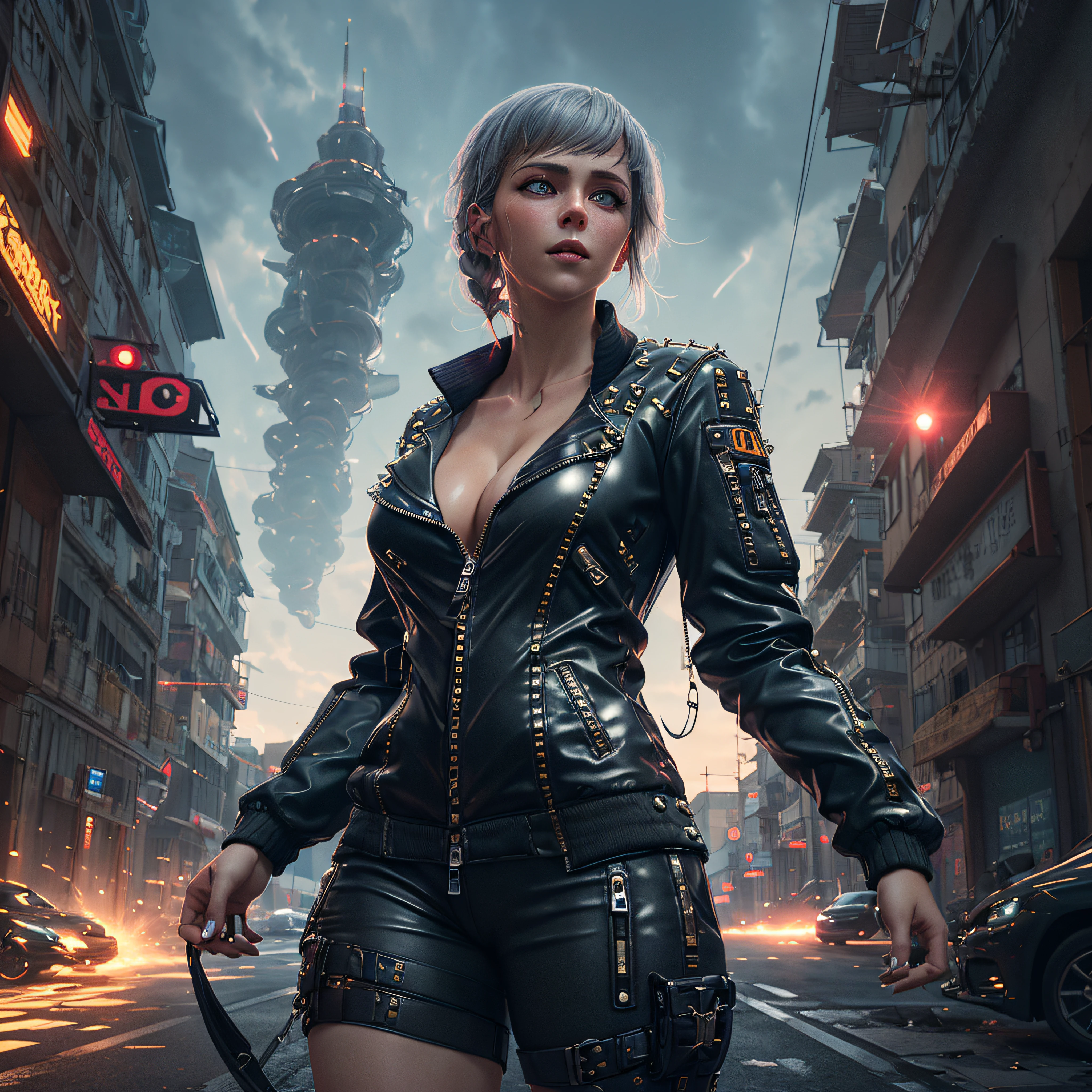 (Adult German woman:1.6), (polyvinyl Jacket With Rivets:1.3), pixel, dark, tactical polivinyl jacket, closeup, cyberpunk, hard surface modeling, full of battle gear, yellow keylight, obscure lighting contrast, poetic, (open zipper:1.6), (erotic:1.6), (sexy:1.5), detailed, realistic, 8k uhd, high quality, big cumulus clouds, (one 1 shining beam of light descended vertically from the sky to the ground:1), Megalytic structures, dramatic, dangerous, unreal, surreal, unreal engine, Cinematic Light