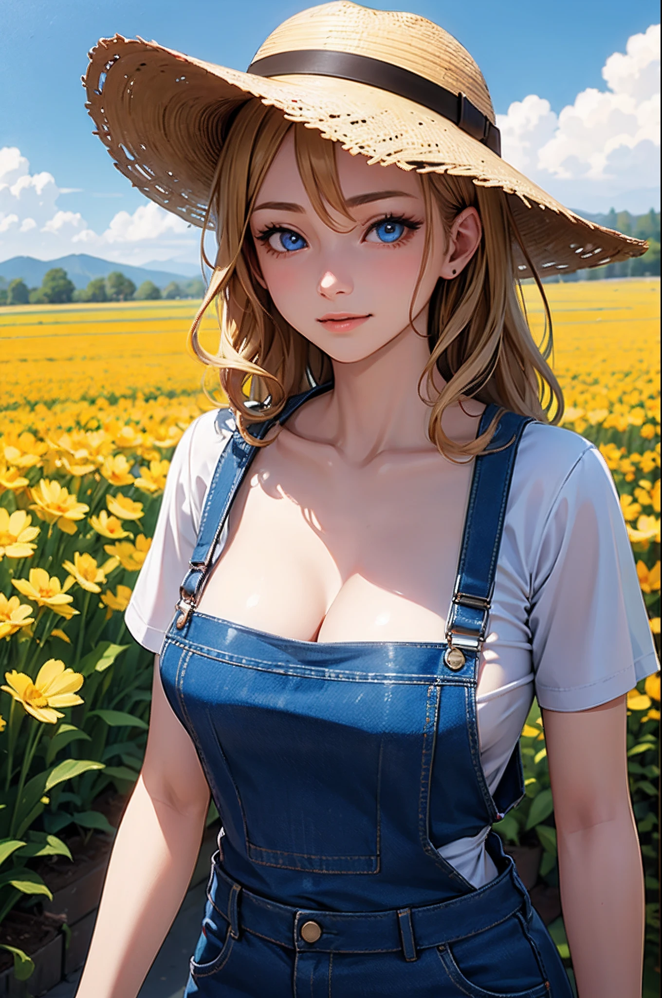 (an oil painting)、cowboy  shot、realisitic、top-quality、​masterpiece、realisitic、(Farm Theme:0.9)、shinny eyes、Woman in overalls、white t-shirts、a straw fedora hat、gorgeous woman、a blond、hair wavy、de pele branca、cleavage of the breast、Blue eyes、morning glow、Seductive look、happiness、farm background、(hdr:1.1)、Atmospheric perspective、