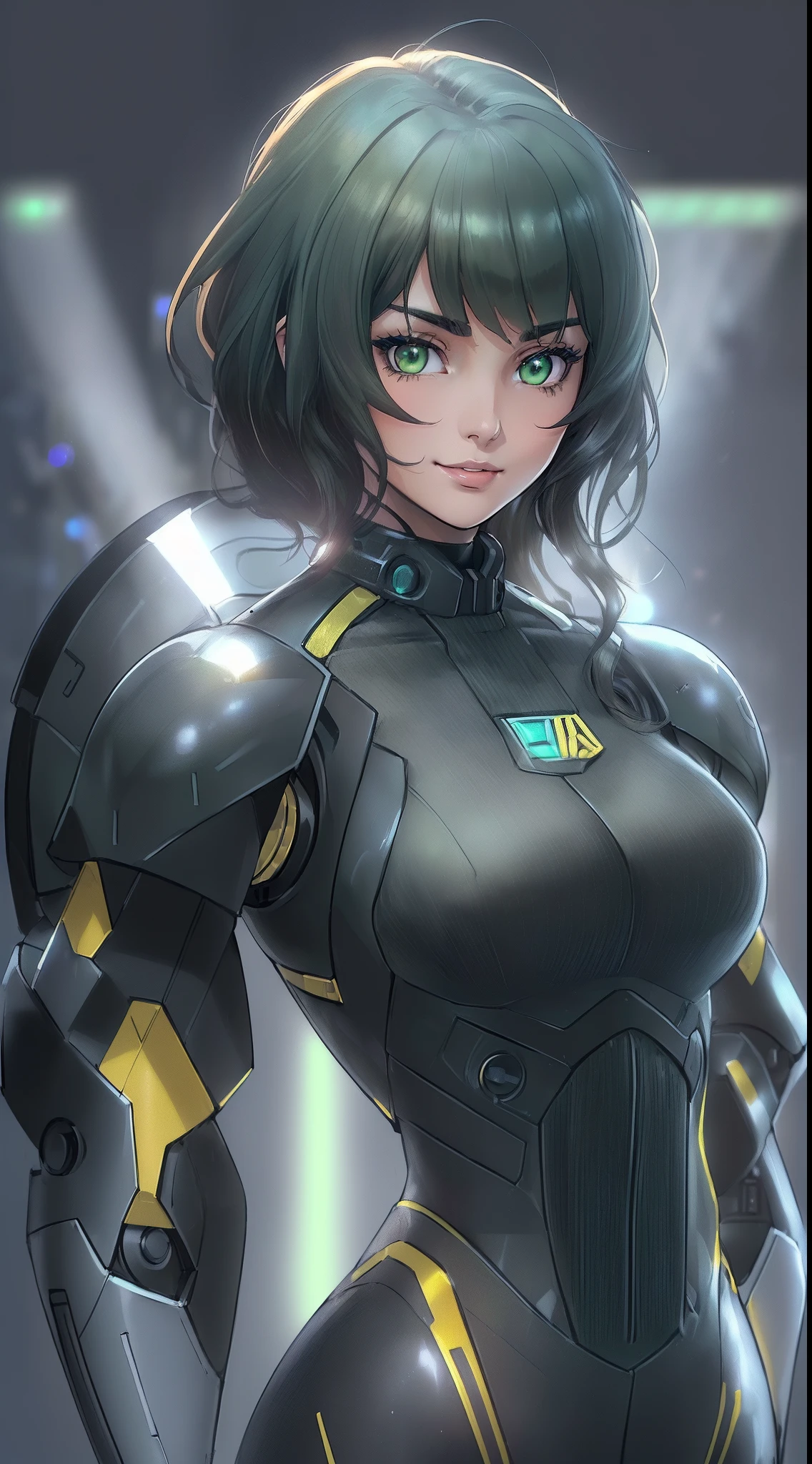 ((((((A young woman))), the anime, ( Green eyes), (black  hair), Nice face, ssmile, sports body, hairlong, Wavy Hair , (((morena))), ((tmasterpiece, beste-Qualit)), illustartion, Ультра деталпазированная 8k, Photorealistic, sharp-focus, higly detailed, Professional lighting, contact jumpsuit, Mechpilot, pilot suit, adheres to the body, Robot in the background,