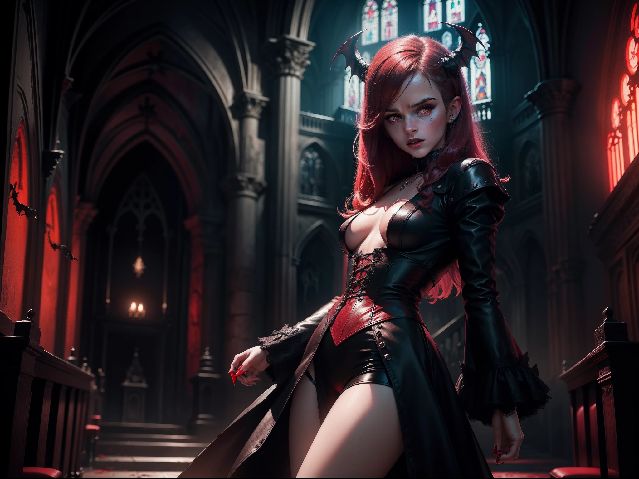 Emma Watson as a succubus, dark eye shadow, blood red eyes, snarling, horror, red tones, gothic church in the background, ultra realistic, horror movie lighting, scary, chaos, neon lights in the background, Masterpiece, ultra-high resolution, high quality