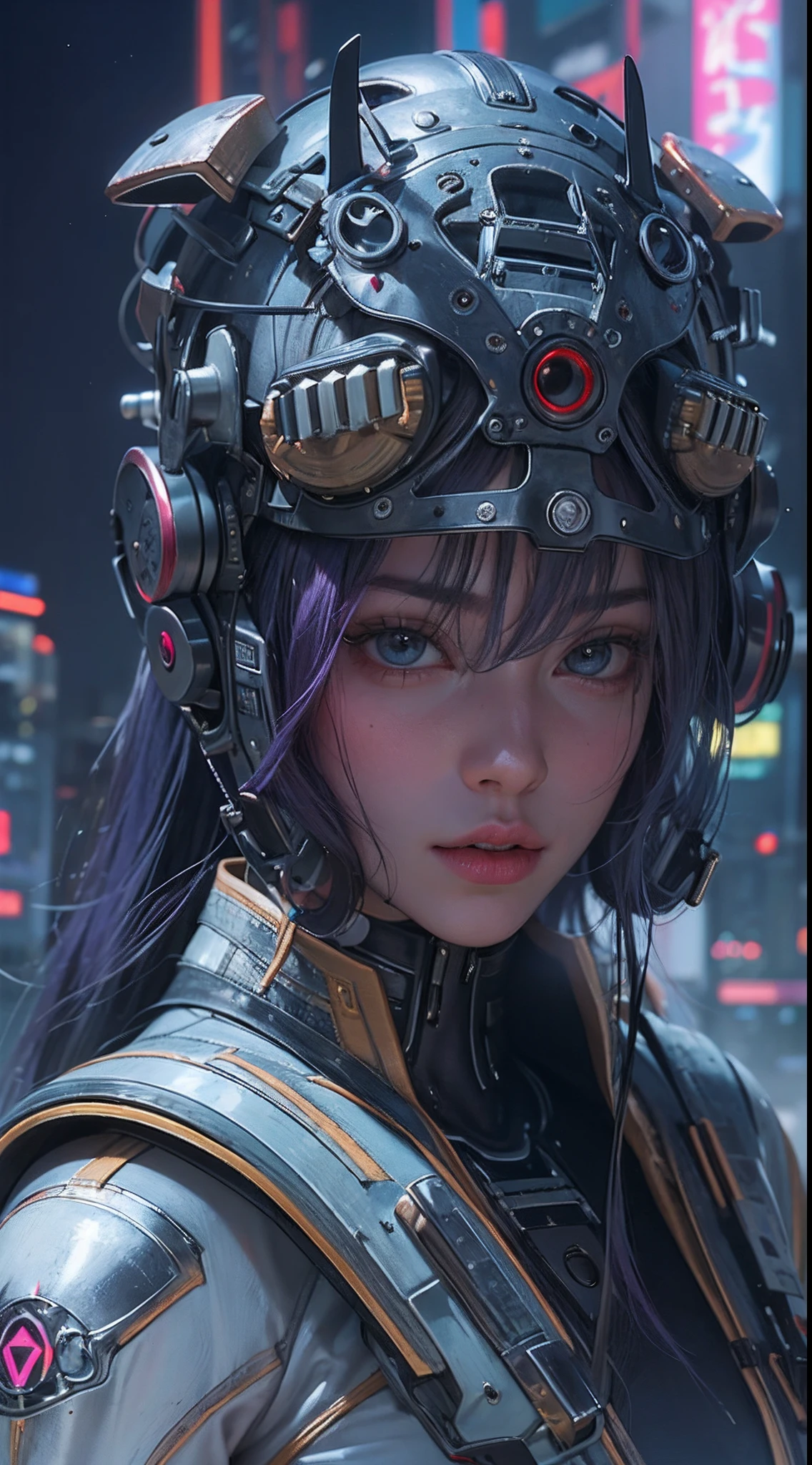 highest qualityr、obra maestra、超A high resolution、(fotorrealista:1.4)、foto RAW、Angel Cyborg、alas grandes hechas de metal、White porcelain body、cana、piel resplandeciente、1 Chica Cyborg、((Super realistic details))、Portlate、global ilumination、sombra、octane representation、8k、ultrasharp、Luz de borde del personaje,Tetas colosales、Raw skin is exposed at the décolleté、Apocalyptic City of Fire, Detalles de adornos complejos、,hermosas manos finas,Cover of transparent acrylic parts、Sumer Detailed Hydraulic Cylinders、small LED lamp、detalles muy intrincados、luz realista、un ojo morado、ojos radiantes、in front of camera、neon details、Disparo de vaquero、casco futurista、Acerca de Cyberpunk、、