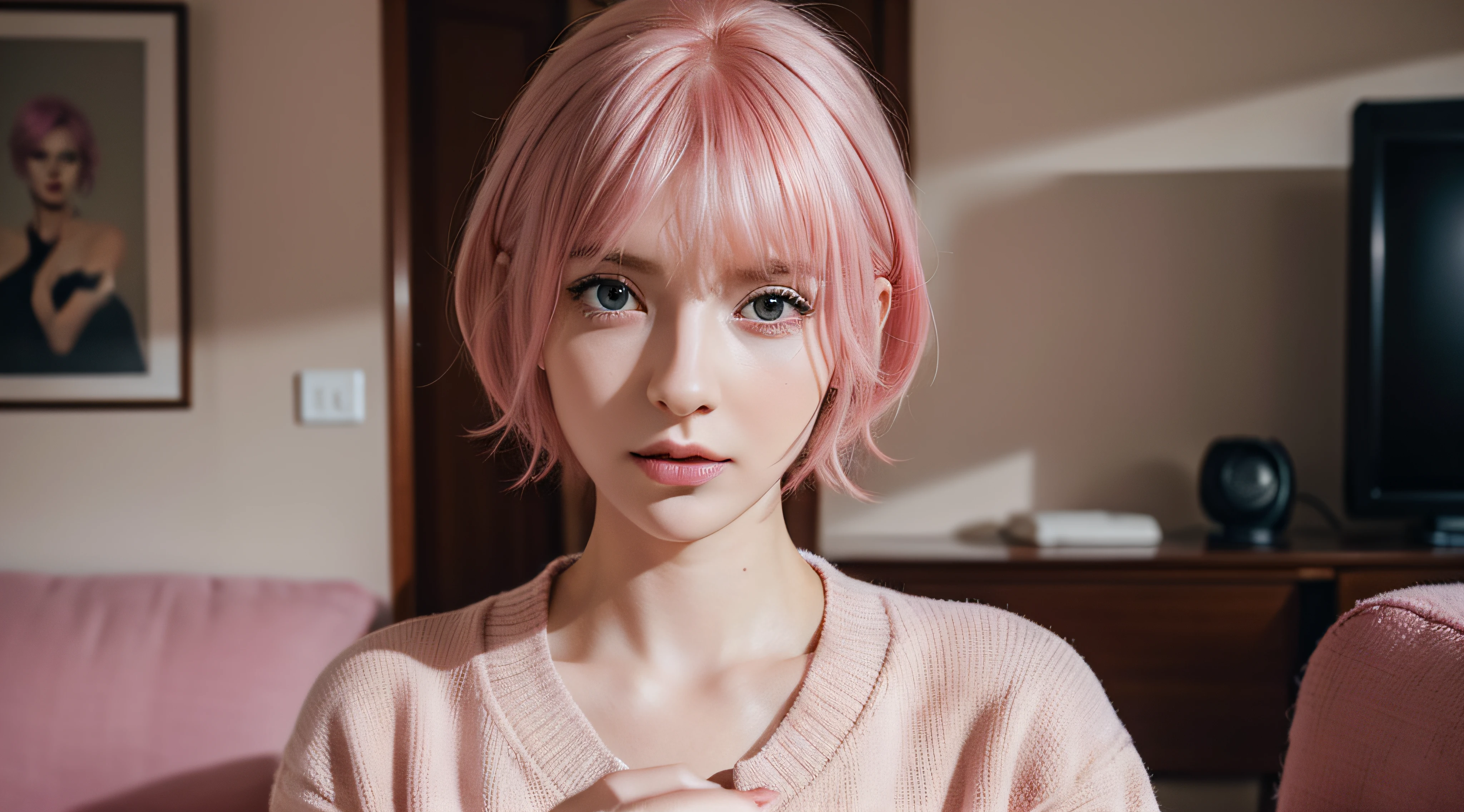 photo of a woman , standing in living room ,super detailed face, explainer, cute girl , explaining , thinking, with short pink hair, jovana rikalo, young business woman, with pink hair, high quality portrait , aleksandra waliszewska