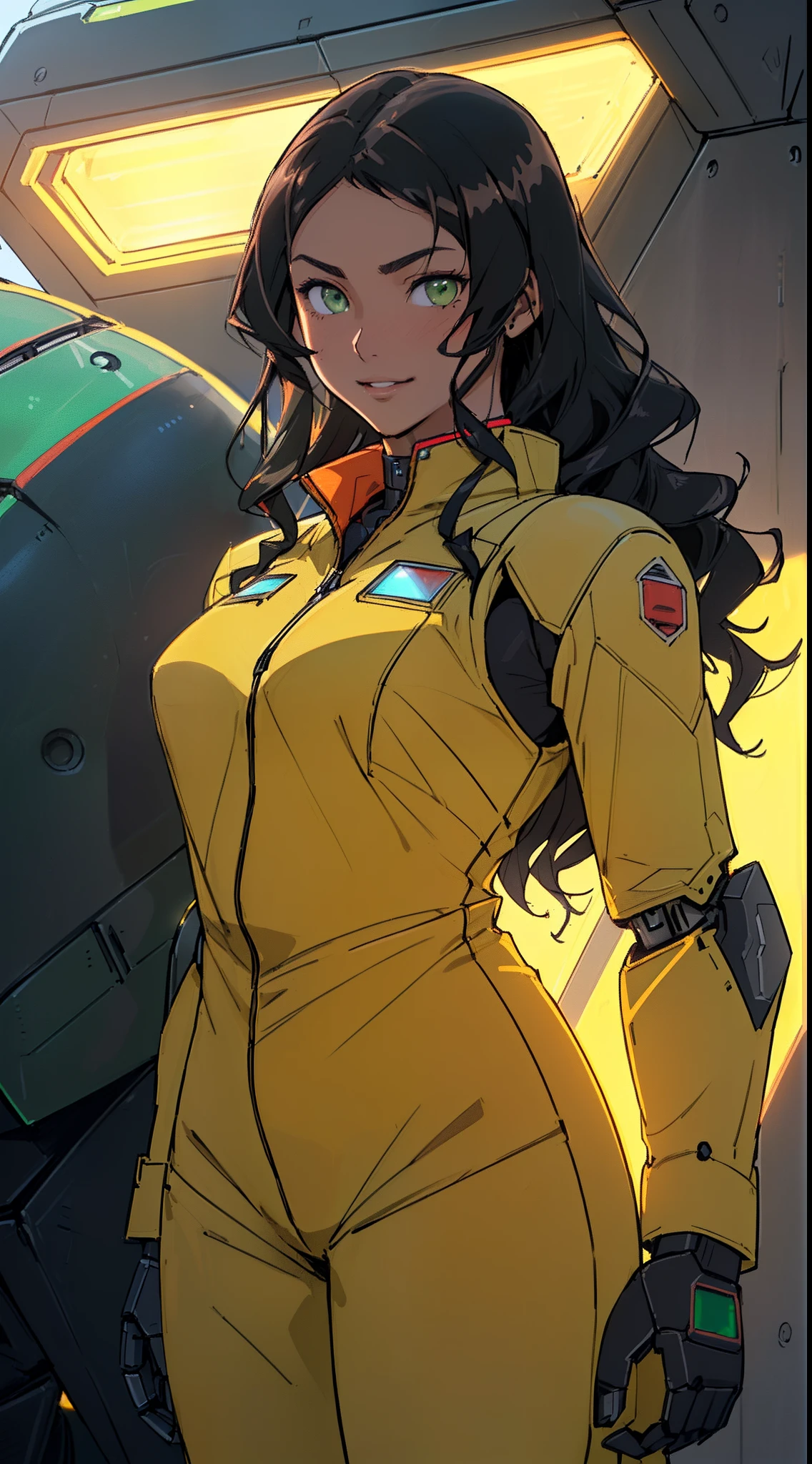 ((((((A young woman))), the anime, ( Green eyes), (black hair), Nice face, ssmile, sports body, hairlong, Wavy Hair , (((morena))), ((tmasterpiece, beste-Qualit)), illustartion, Ультра деталпазированная 8k, Photorealistic, sharp-focus, higly detailed, Professional lighting, contact jumpsuit, Mechpilot, pilot suit, adheres to the body, Robot in the background,