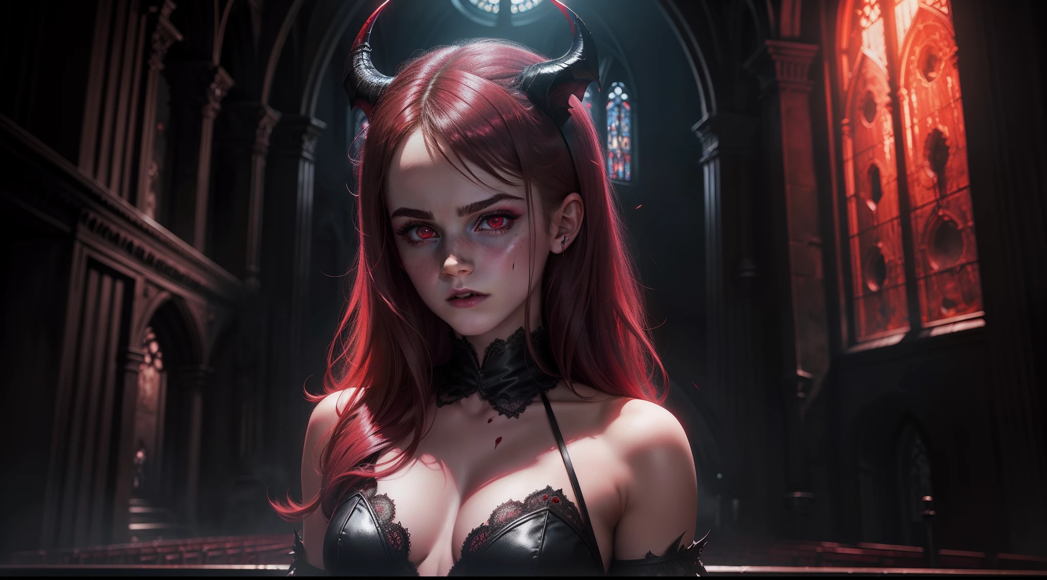 teen Emma Watson as a succubus, dark eye shadow, blood red eyes, snarling, horror, red tones, gothic church in the background, ultra realistic, horror movie lighting, scary, chaos, neon lights in the background, Masterpiece, ultra-high resolution, high quality