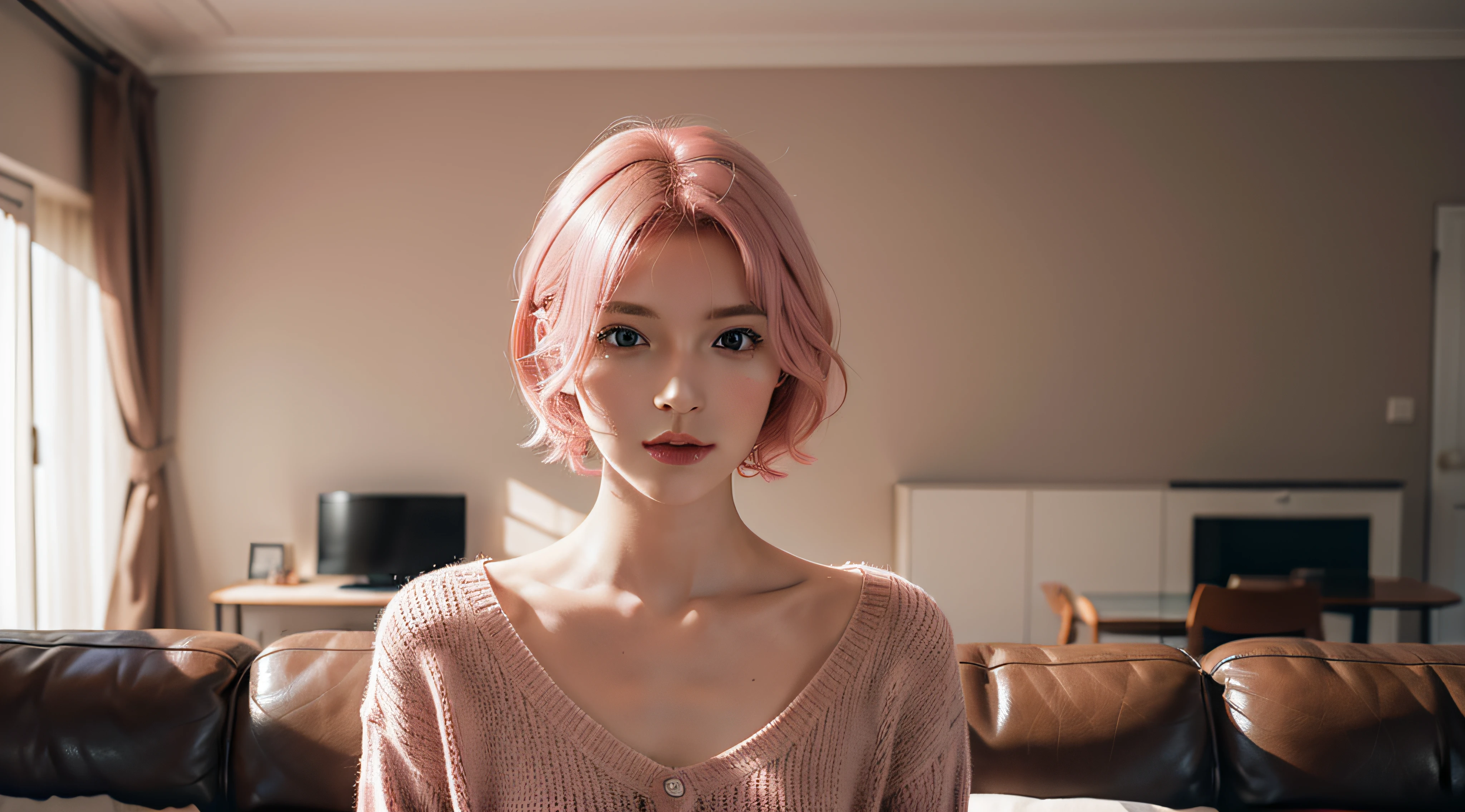 photo of a woman , standing in living room ,super detailed face, explainer, cute girl , explaining , thinking, with short pink hair, jovana rikalo, young business woman, with pink hair, high quality portrait , aleksandra waliszewska