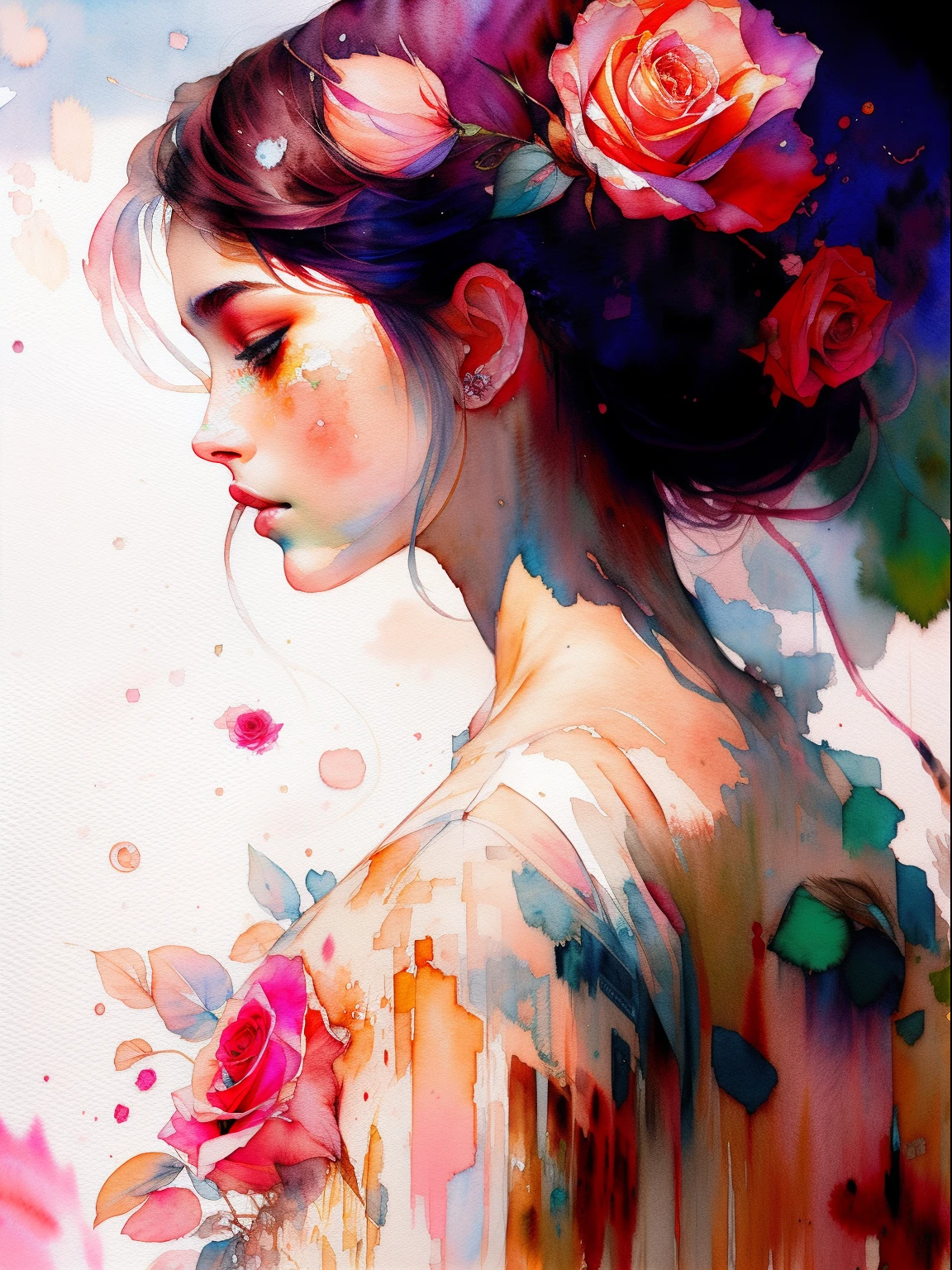wtrcolor style, digital art of (rose), official art, blown by the wind, masterpiece, beautiful, ((watercolor)), paint splatter, intricate details. Great detail, [dripping:0.5], trending on Artstation, Rachel Walker