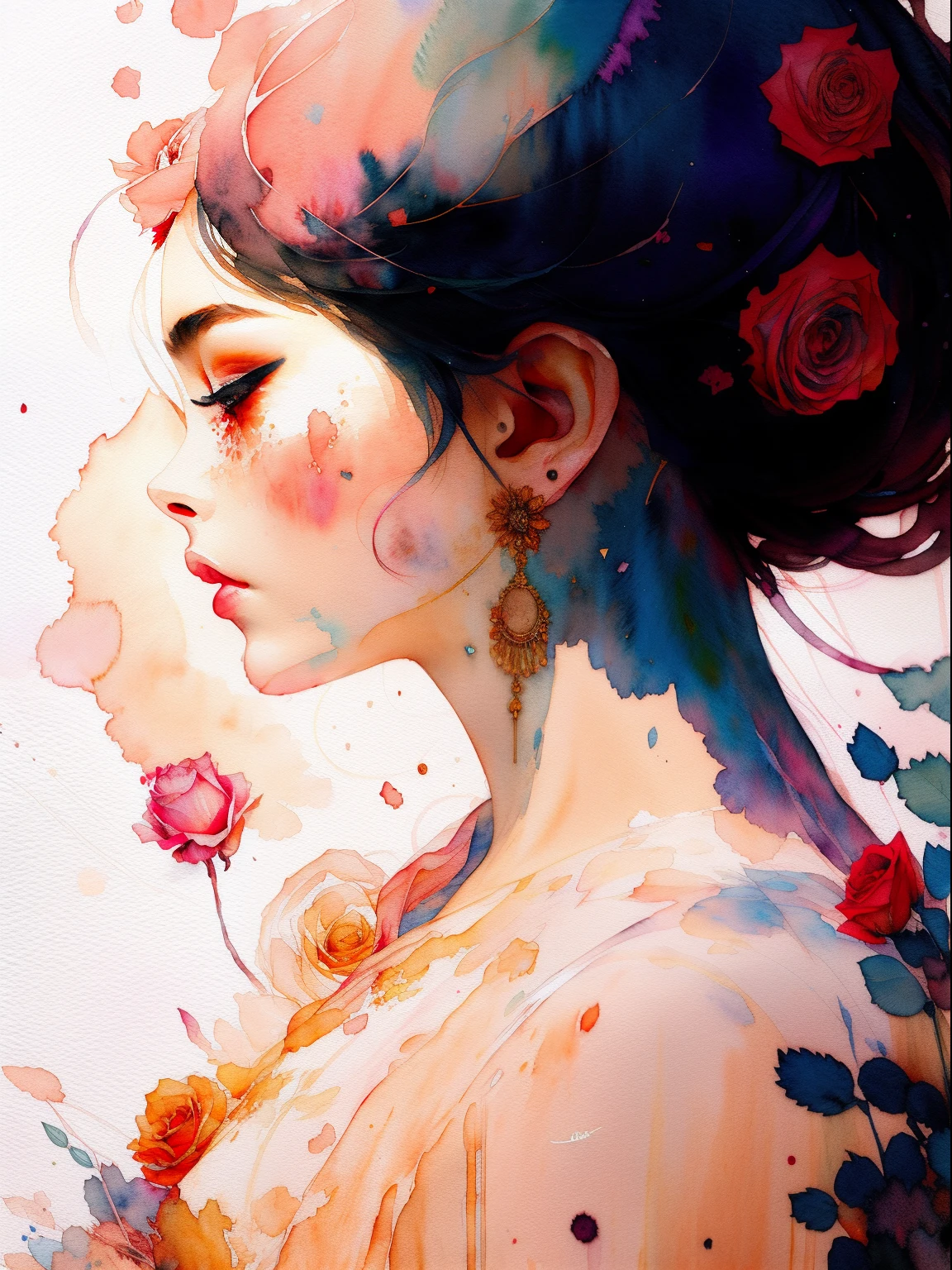 wtrcolor style, digital art of (rose), official art, blown by the wind, masterpiece, beautiful, ((watercolor)), paint splatter, intricate details. Great detail, [dripping:0.5], trending on Artstation, Rachel Walker