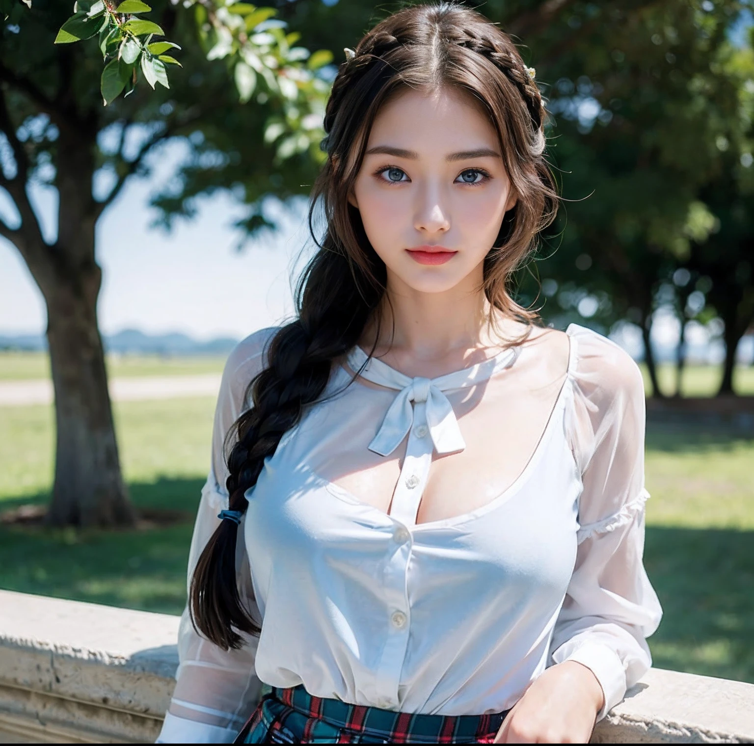 (top-quality、masterpiece)、(Realistic lighting with shadows)、huge filesize、hight resolution、elegent、realisitic、intricate detailes、(Perfect anatomical depiction of the human body)、1 girl with big、((Miraculous Super Size))、She is a teenage girl、((Beautiful light brown eyes with glowing highlights))、Her charming little thin lips are、No lipstick, however、It's shiny、Brunette hair fluttering in the wind、 Backlit braided half-up hair、hi-school girl、Black Dress、Wear chic clothes。Wearing tight pants、((The girl's breasts are not exposed at all))But、Very large breasts、Very beautifully、Looks like a school goddess。This picture is taken from the front.(It is a photo of a smile that looks like a wonderful flower blooming、I have a camera、See with your eyes.。
