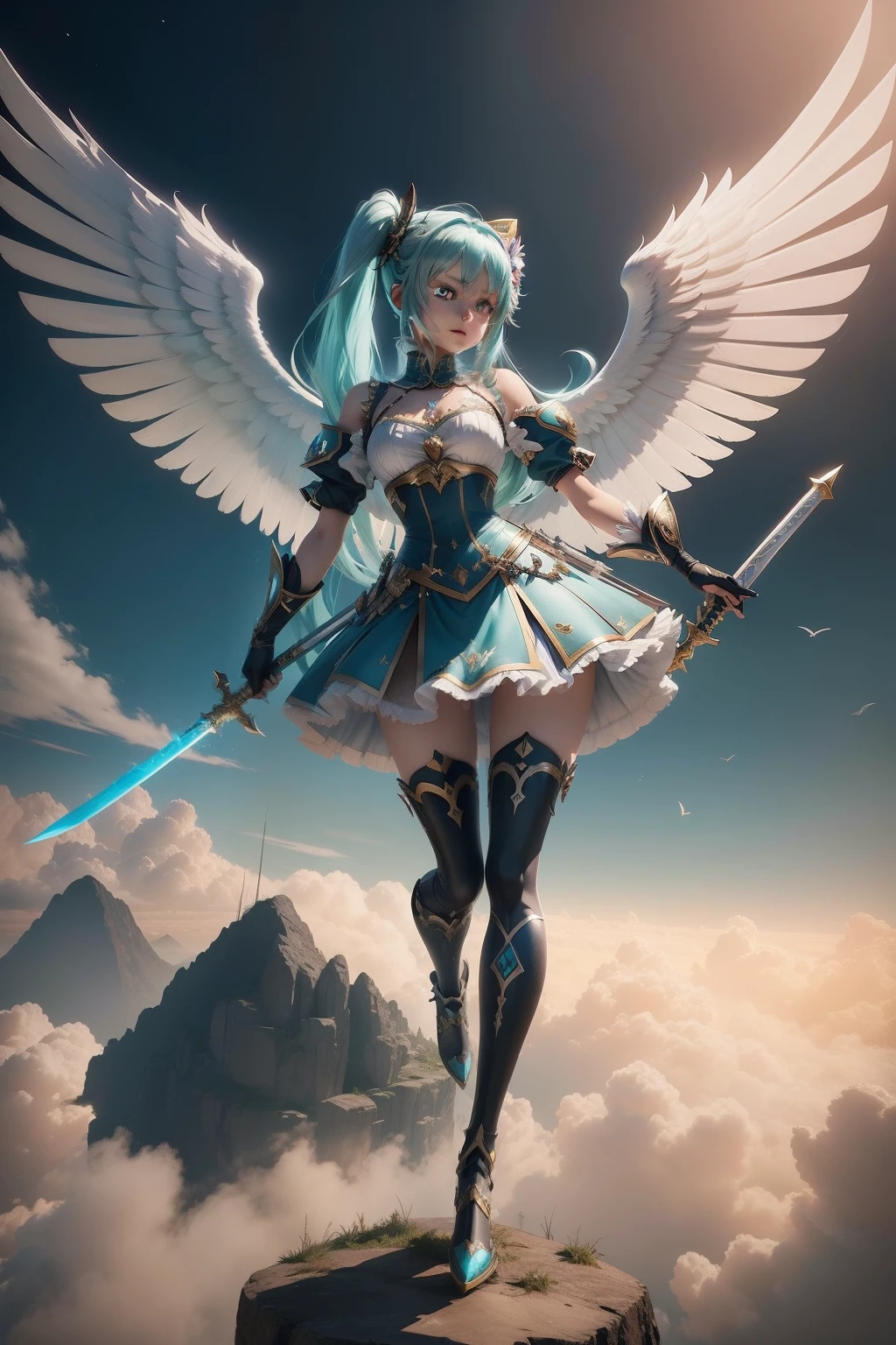 arafed image of a woman in a costume holding a sword,Anime - Stylistic image of a woman in a costume with two wings, 3 D rendering character art 8 K, anime styled 3d, 3d anime girl, render of a cute 3d anime girl, angel knight girl, Os amigos, anime 3 d art, epic angle and pose, 8K high quality detailed art, hatsune miku in warhammer 40k,Two pairs of wings,Stand on one foot,Big perspective,Gentle eyes,Fly in the sky