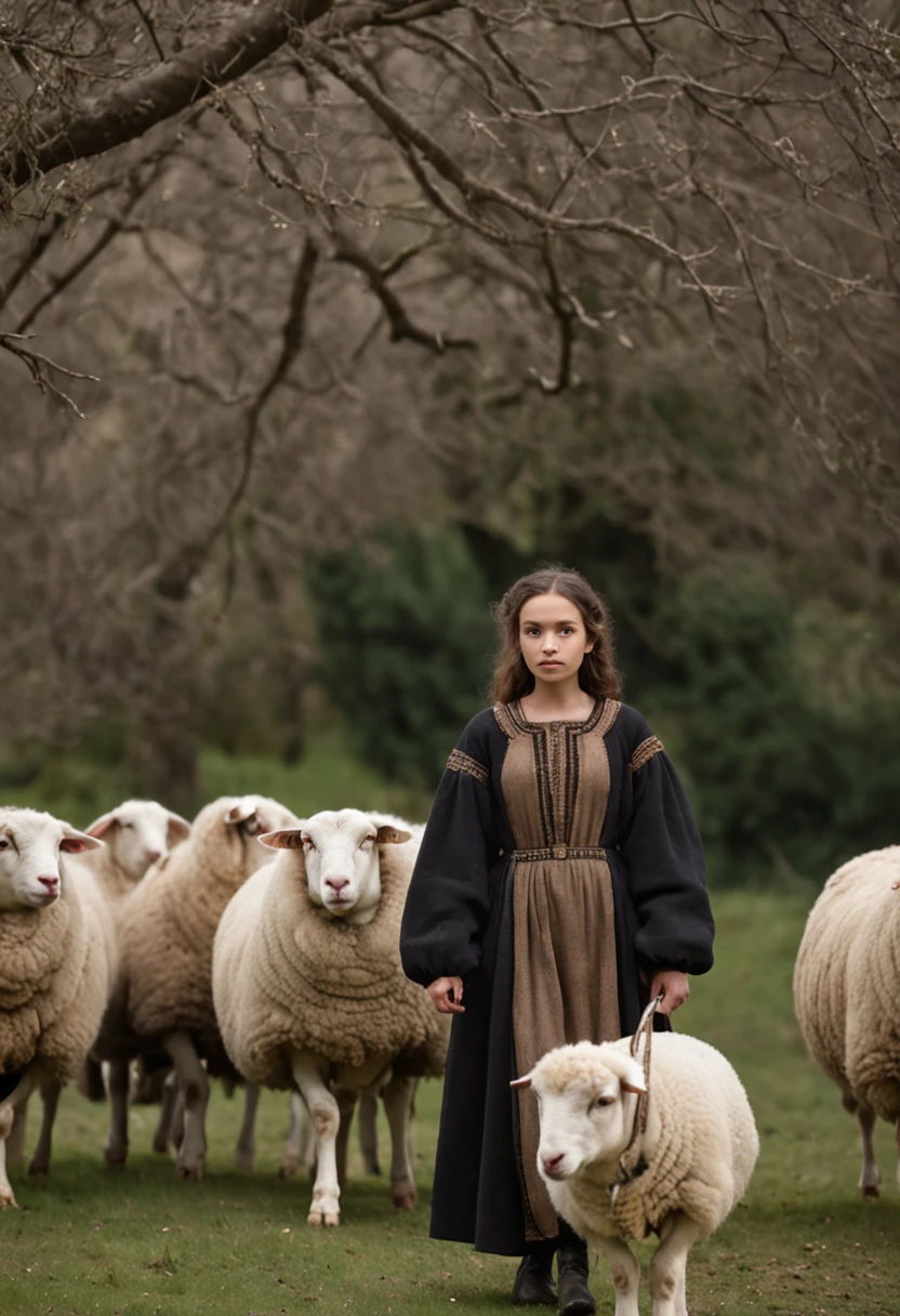 A young shepherdess, in black robes, with a shepherd's staff, walking in the distance with her sheep, scenery of snow, trees in the distance, gloomy weather, grayish sky.