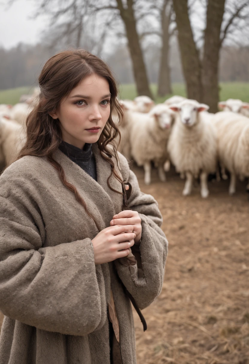 A young shepherdess, in black robes, with a shepherd's staff, walking in the distance with her sheep, scenery of snow, trees in the distance, gloomy weather, grayish sky.