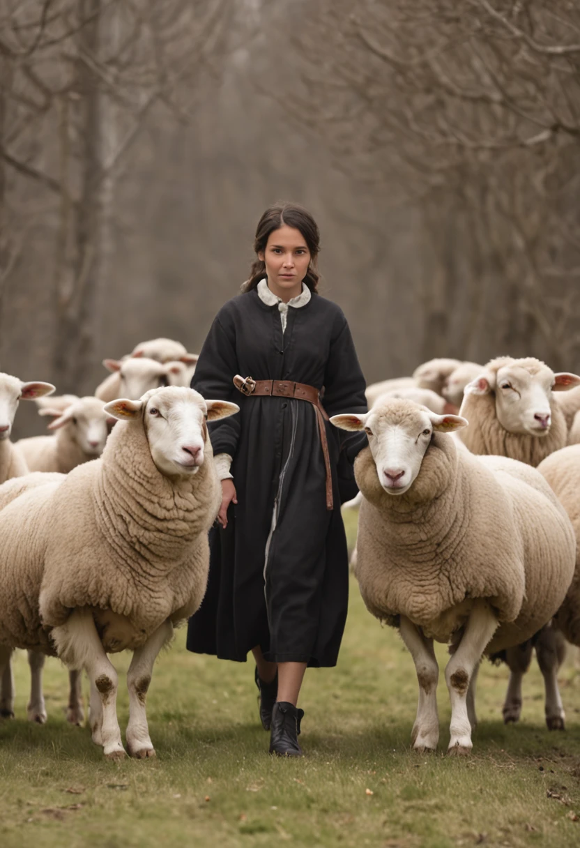 A young shepherdess, in black robes, with a shepherd's staff, walking in the distance with her sheep, scenery of snow, trees in the distance, gloomy weather, grayish sky.