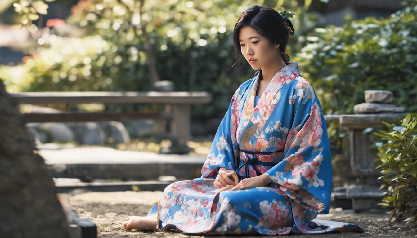 Realistic girl in a blue Japanese kimono dress sitting on a border, nice hands, Nice face, corpo bonito, cabelo curto, Free Pose Female Samurai in Japanese Clothes wearing summer breeze The pattern of the kimono is also expressed in detail and in an easy-to-understand way, Beautiful Japan garden in the background.