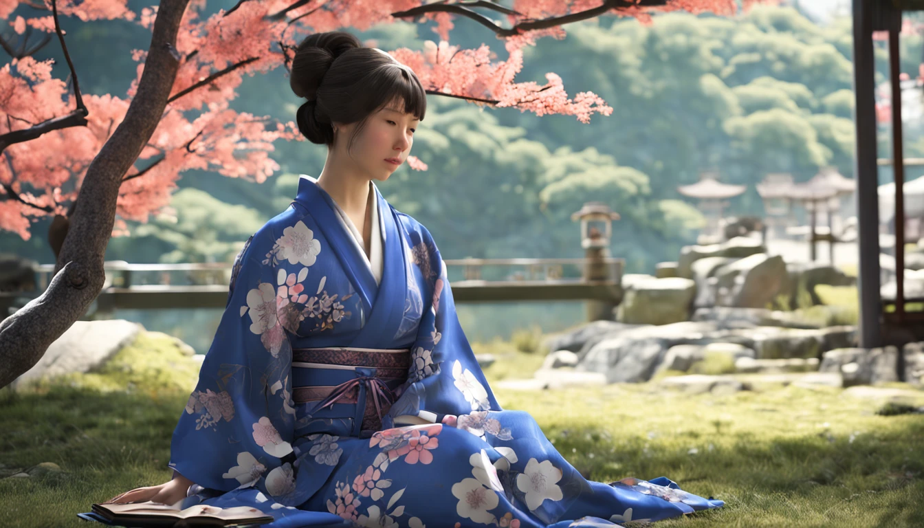 Realistic girl in a blue Japanese kimono dress sitting on a border, nice hands, Nice face, corpo bonito, cabelo curto, Free Pose Female Samurai in Japanese Clothes wearing summer breeze The pattern of the kimono is also expressed in detail and in an easy-to-understand way, Beautiful Japan garden in the background.