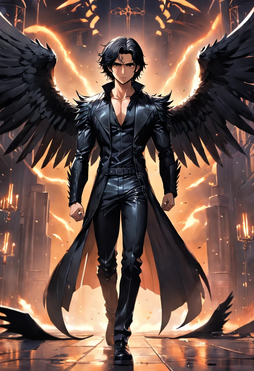 man in black leather clothes with big black wings, fancy leather clothes, leather clothes and boots, angel avan jogia, black wings, muscular arms, black angel, black leather robes! intricate, leather clothing, no text, black leather suit, archangel, Sam Winchester, leather clothing, he is very menacing and evil, with large wings