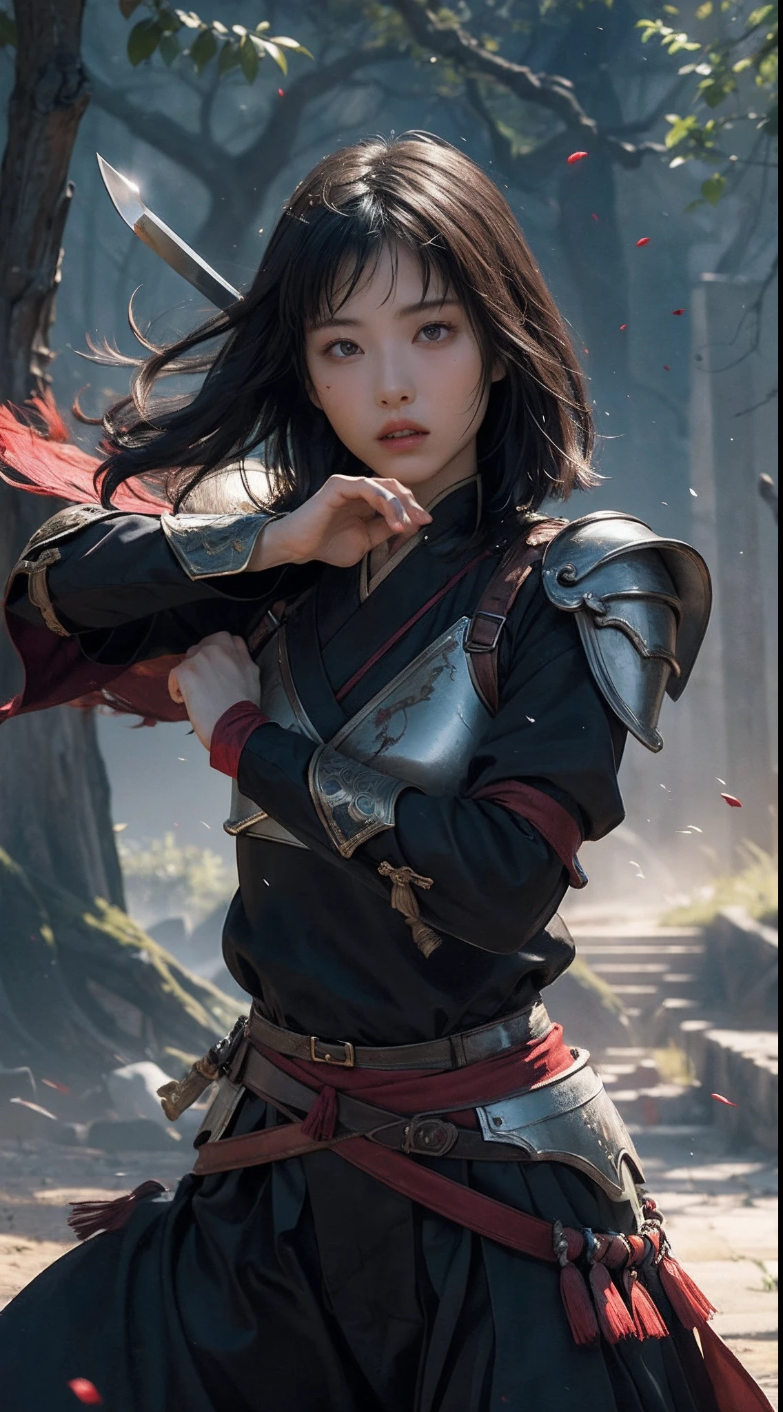 A woman in a black outfit holding a sword and a red cape - SeaArt AI