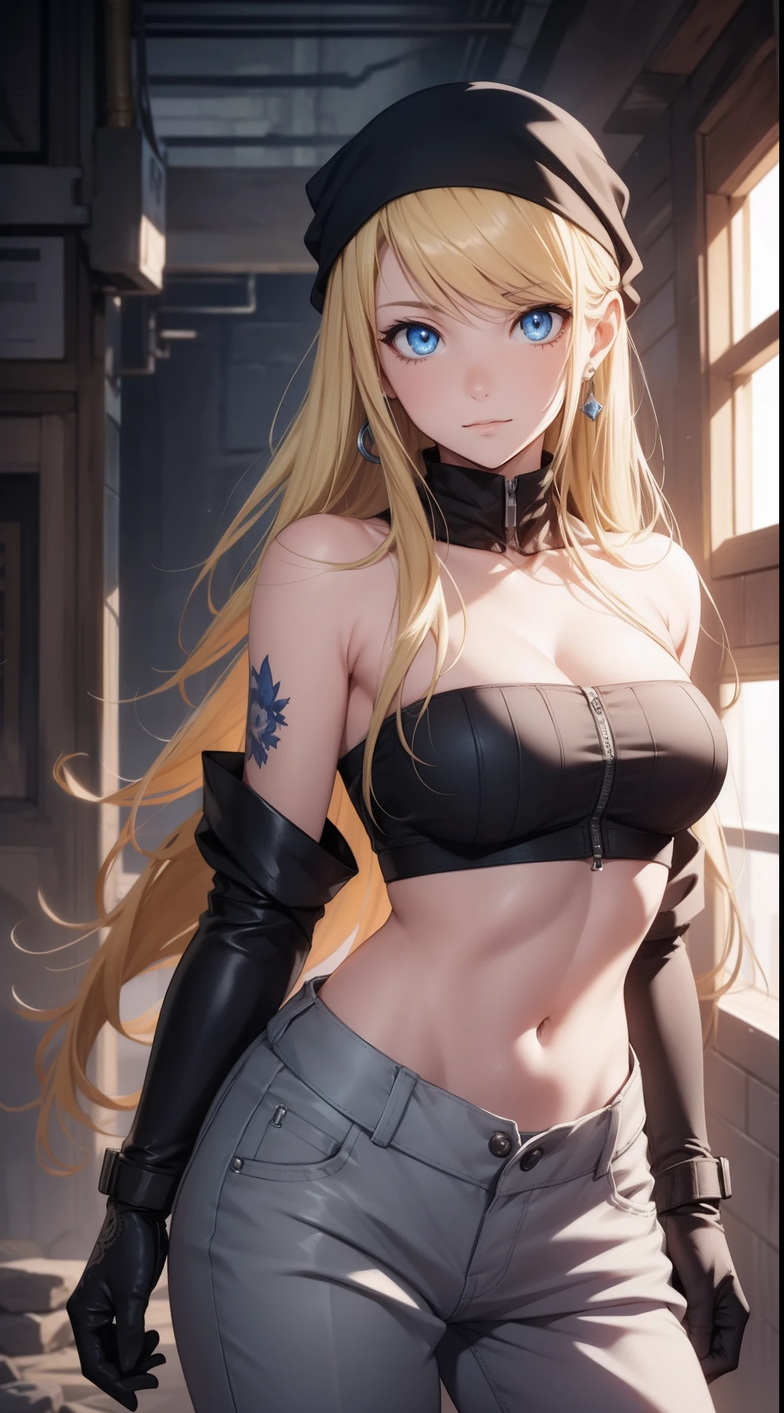 winryrockbell, winry rockbell, blue eyes, blonde hair, BREAK gloves, navel, cleavage, bare shoulders, collarbone, earrings, midriff, pants, stomach, bare arms, strapless, bandana, bandeau, tube top, grey gloves, BREAK indoors, BREAK looking at viewer, BREAK (masterpiece:1.2), best quality, high resolution, unity 8k wallpaper, (illustration:0.8), (beautiful detailed eyes:1.6), extremely detailed face, perfect lighting, extremely detailed CG, (perfect hands, perfect anatomy),