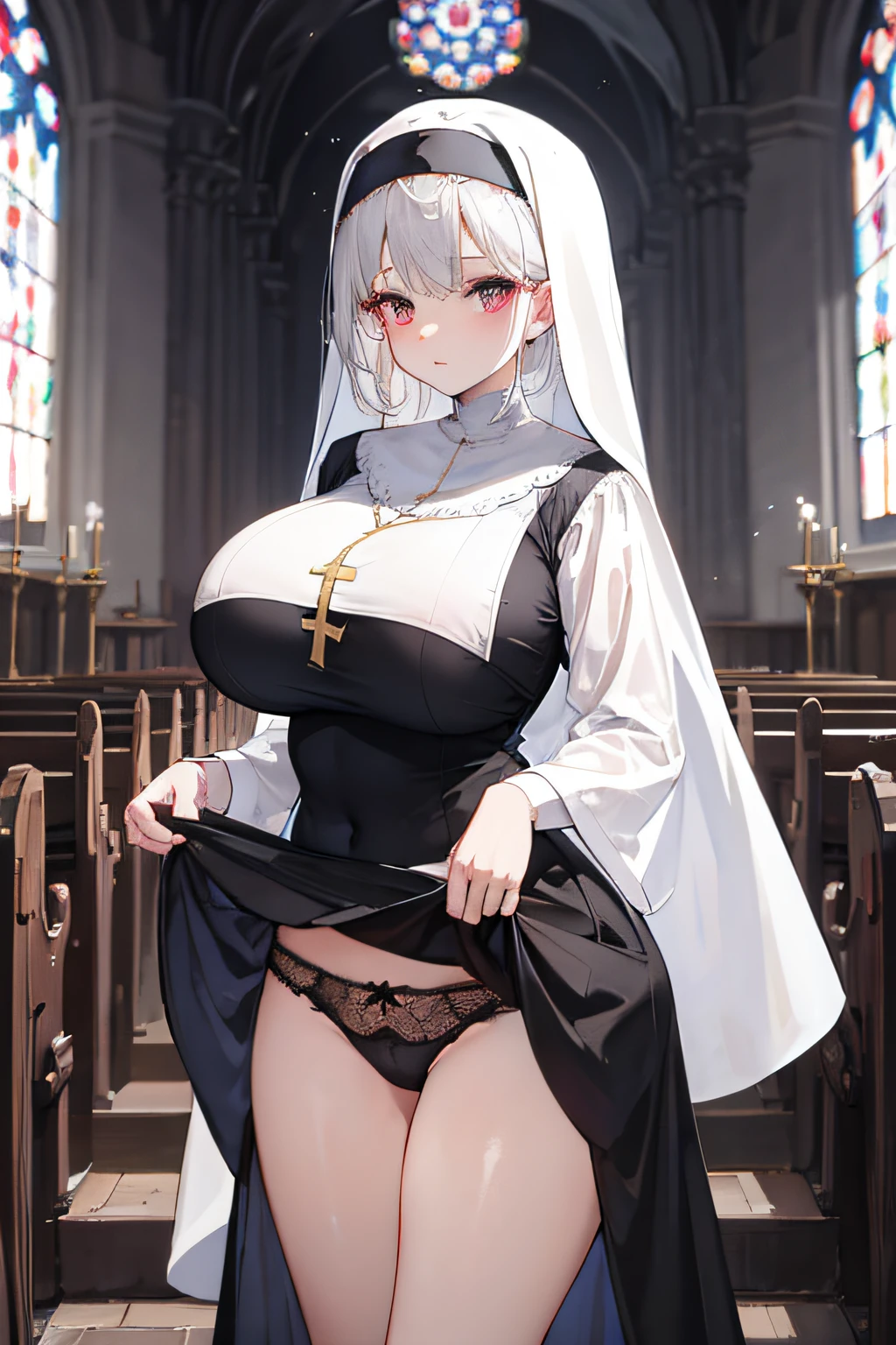 Kizi,In the daytime,Gorgeous church,Light,divino,Gorgeous nun dress,huge tit,blacksilk,Reveals lace panties,Lift the hem,Fine details,Color gas,Church background,Long white hair,red color eyes,exposing her chest,Superskirt