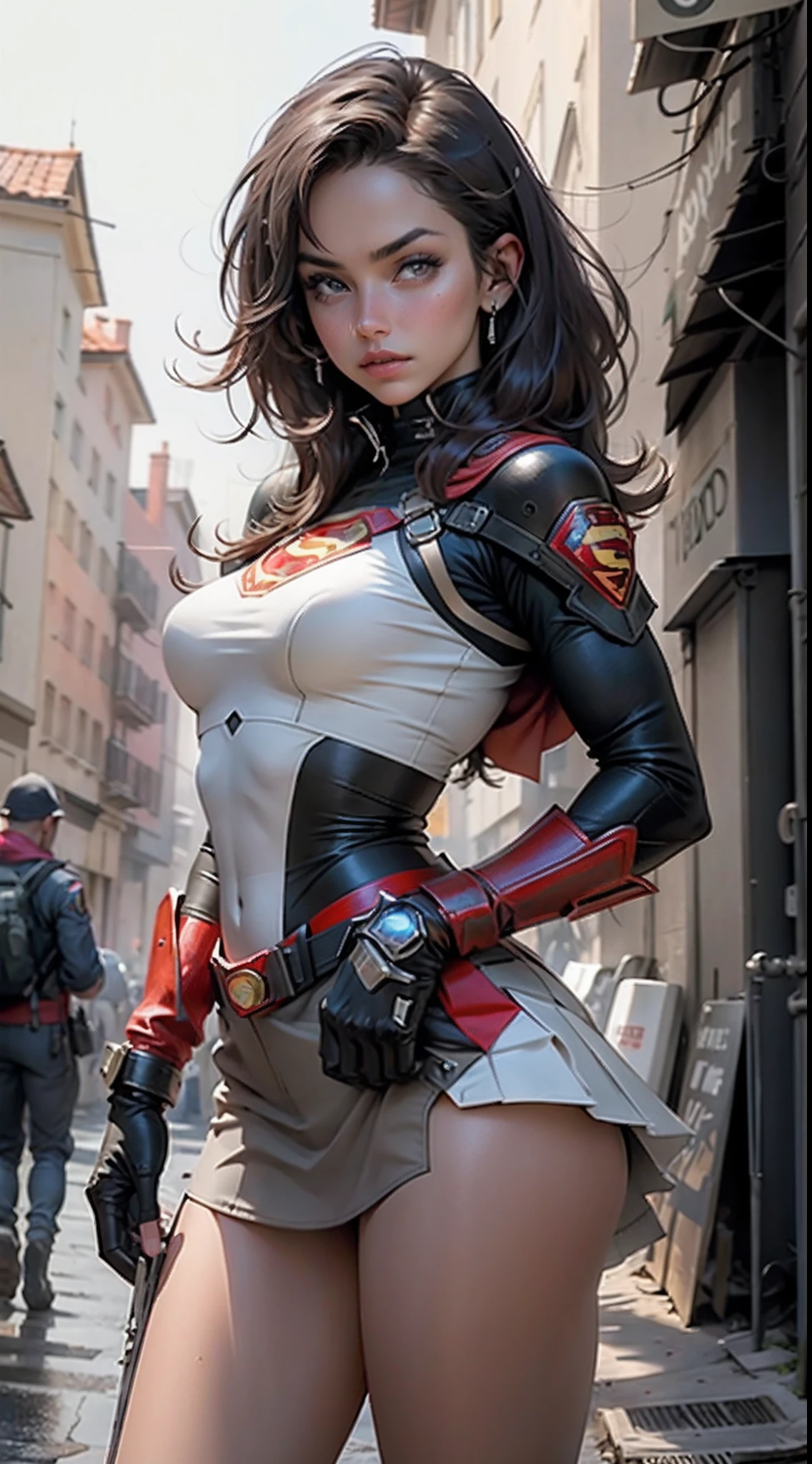 motor irreal:1.4,CG ultra realista 64K, fotorrealista:1.4, textura de la piel:1.4, obra maestra:1.4,posing behind Beautiful woman in a Superman costume standing in front of a fire apocalyptic city, mostrando vientre plano,red miniskirt, ,beautiful fine hands,