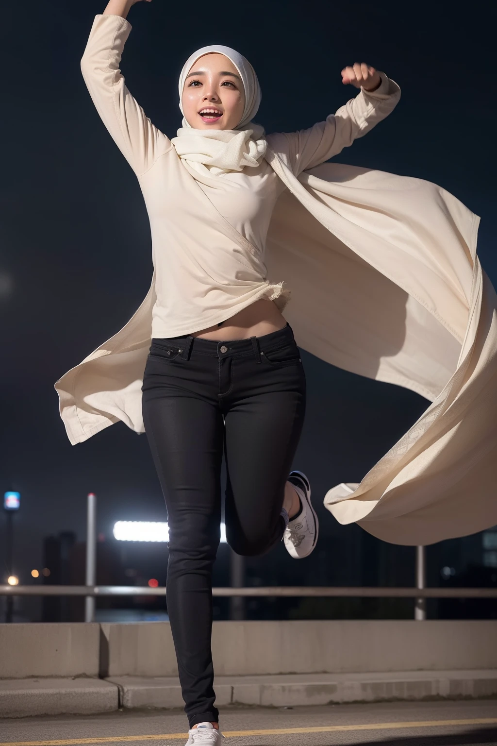 Portrait photo of a young malay girl, (laughing:0.7), (mira filzah face), malaysian, look at a camera, full body,  black hijab, yellow blouse and jeans, complex city background, backlit, (cinematic:1.5), epic realistic, hyperdetailed, detailed skin texture, mole below eye, insane details, intricate details, accent lighting, soft volumetric light, bokeh, (dramatic light:1.2), (neutral colors:1.3), cross process, night background, portraying the motion and grace of running, showing the wind blowing her hijab, fluid movement, capturing the essence of her athleticism and energy, running