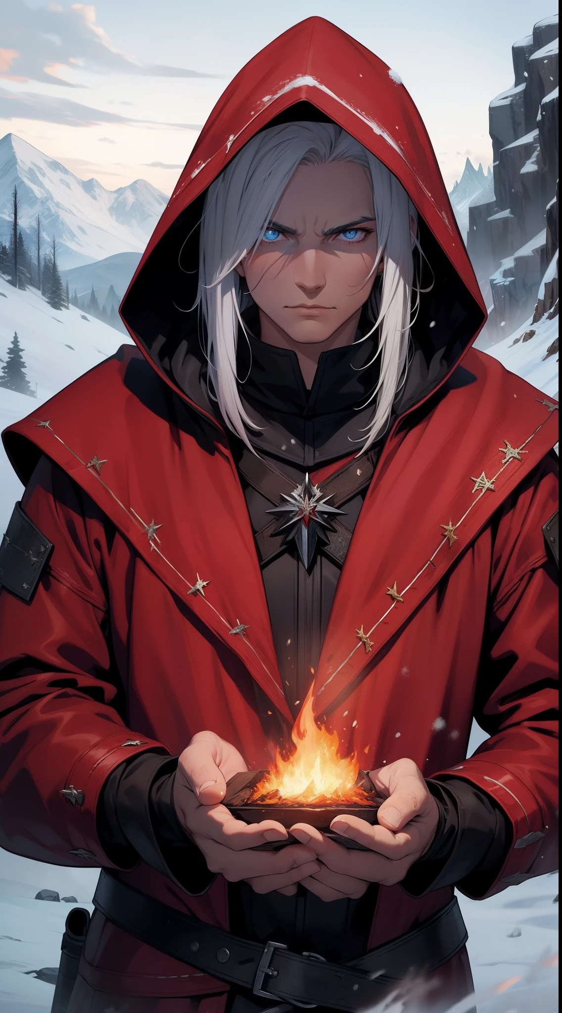 1man, mage, hood, snow, fire, fire magic, red coat, cold, mountain, desolate, alone, masterpiece, perfect face, badass, misteryous, magic, magicle, rpg, mediaval, spellcaster, witcher,