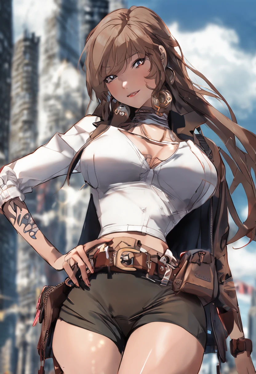 full body, long_hair, gorgeous, city girl, cleavage, western, skirt and top, hot girl, (masterpiece), best quality, high resolution, extremely detailed,  depth of field, Music producer, Studio, close up