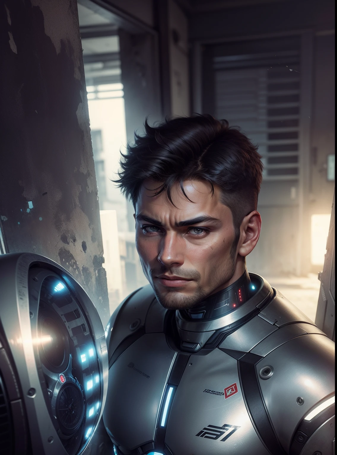 cyborg, realistic fase, handsome, change background