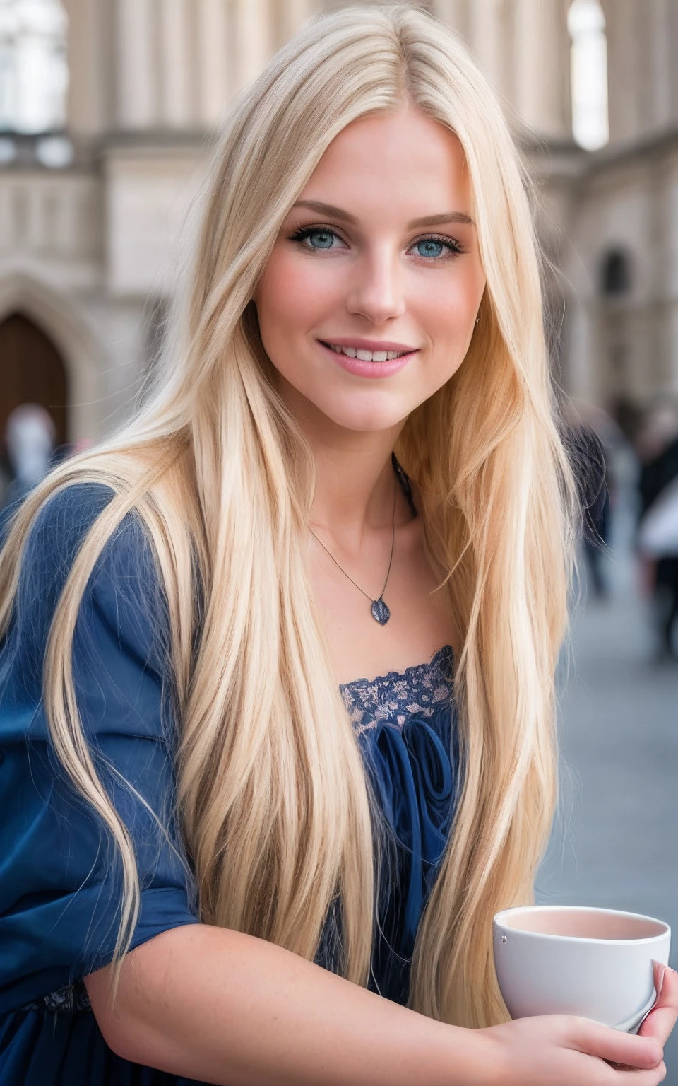 Woman with long blonde hair and blue eyes is taking pictures, Beautiful blonde woman, Beautiful blonde girl, blond woman in a, Beautie, a photography of a beautiful woman, Smooth Portrait Shots 8K, portrait of a beautiful model, full body Esbian, Beautiful smile with open mouth in cup D model pose.fashionshow、moscow、cathedral