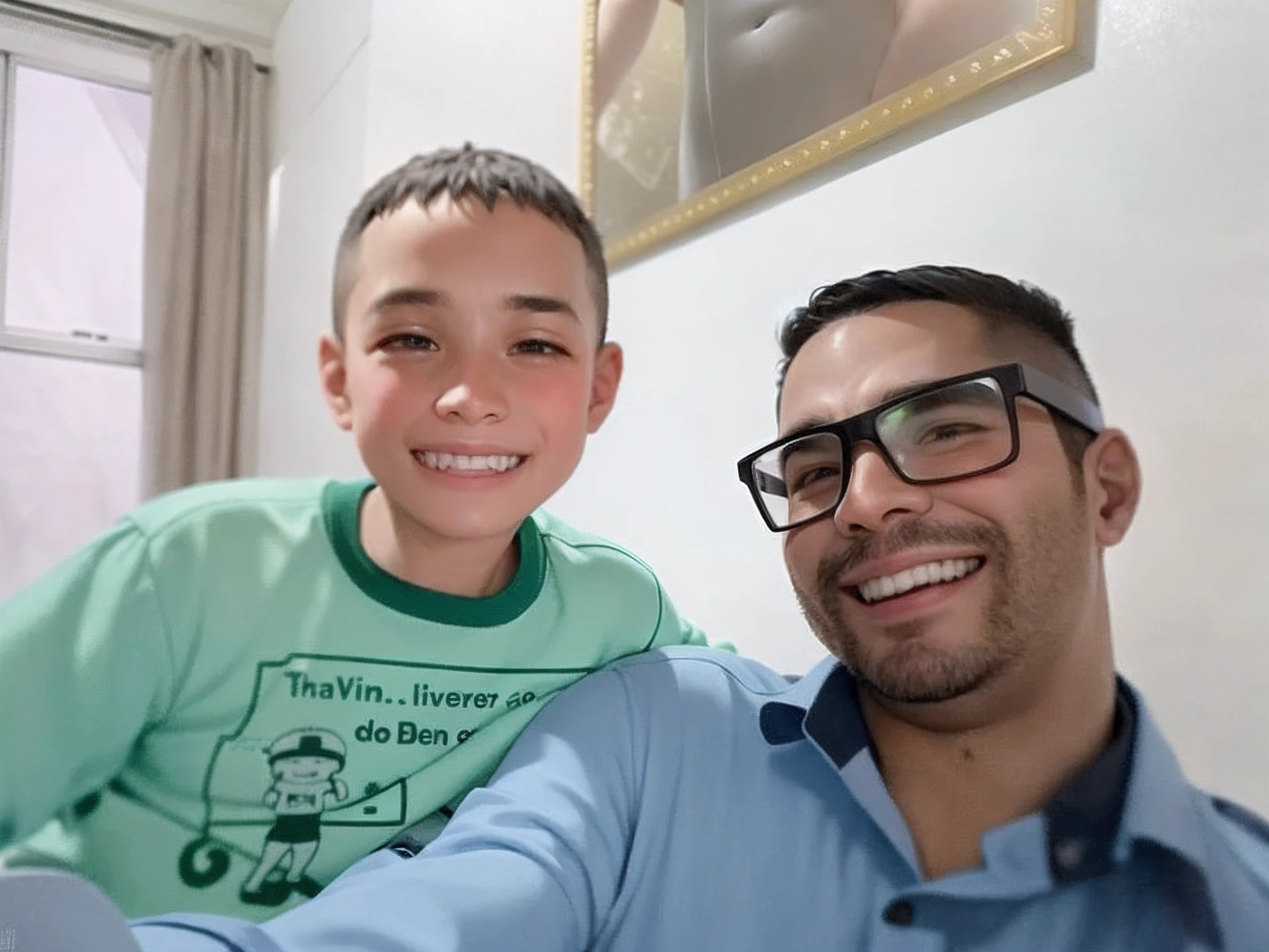 There is a man and a boy who are smiling together, with a kid,  jogando video game juntos, Foto realista, , imagem do avatar, no fundono apartameto com  personagens de jogos, nas platileiras  com varios consoles, nitendo, xbox ,Brincadeiras