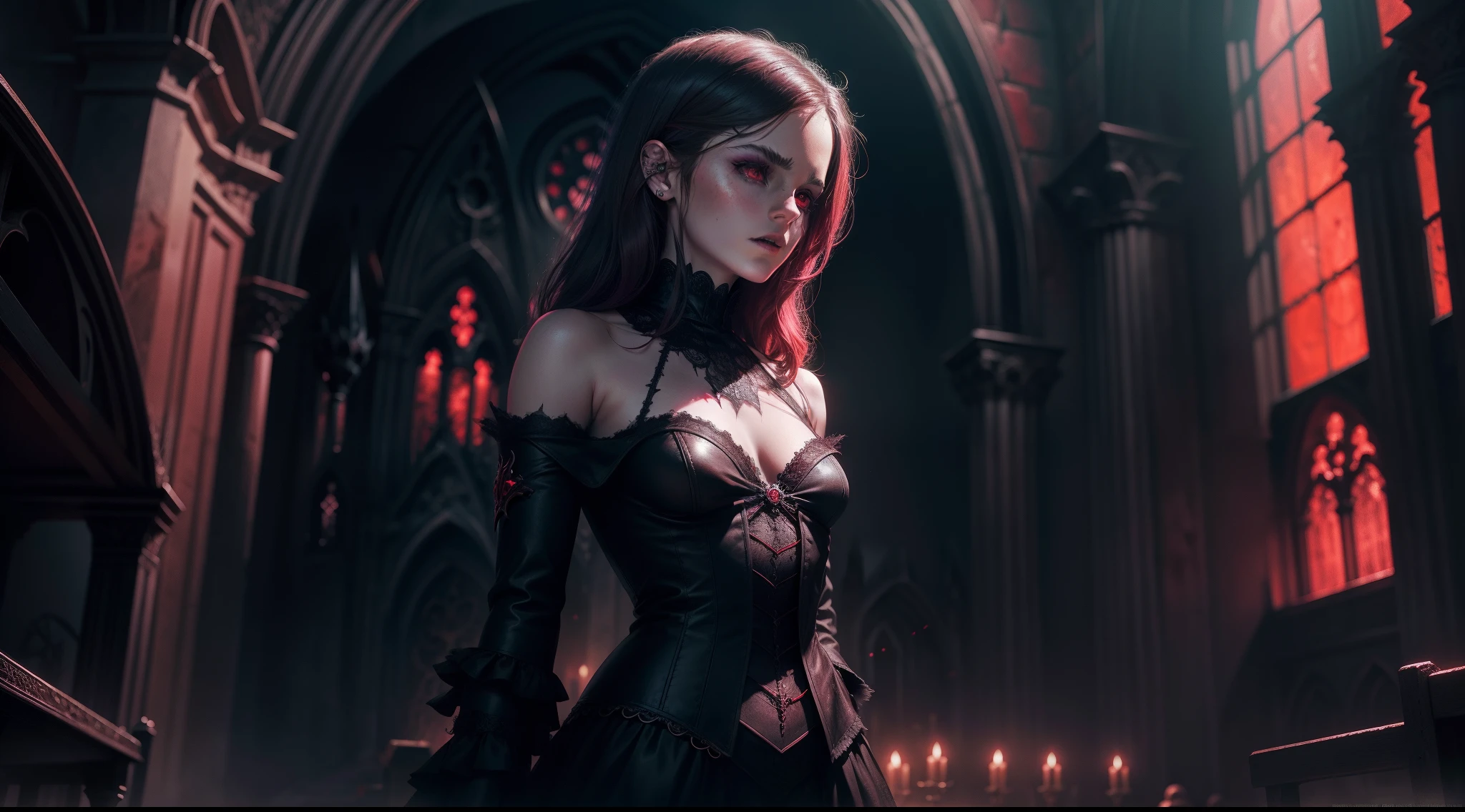 teen Emma Watson as a succubus, dark eye shadow, blood red eyes, snarling, horror, red tones, gothic church in the background, ultra realistic, horror movie lighting, scary, chaos, neon lights in the background, Masterpiece, ultra-high resolution, high quality