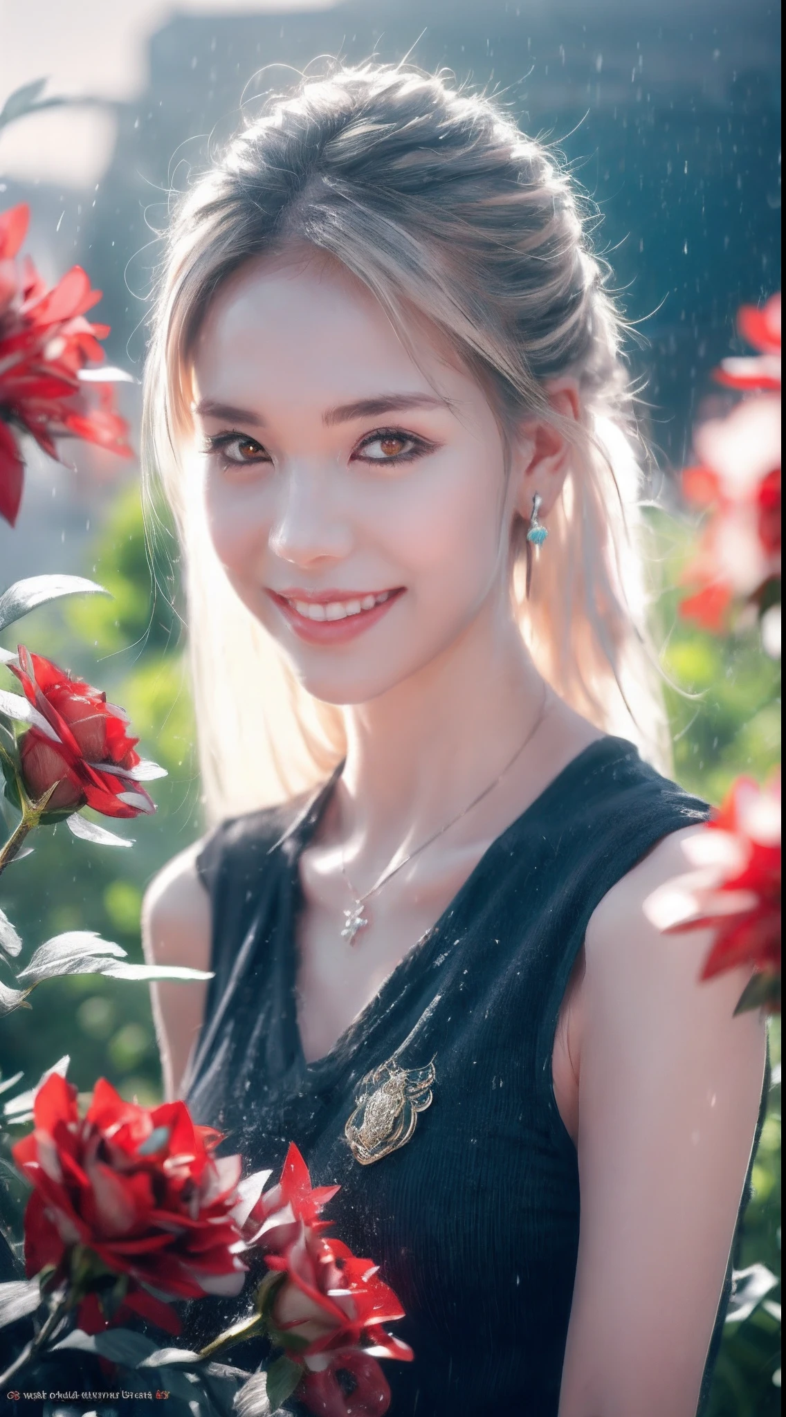 Garden covered with red roses in the background, Silver hair, front ponytail, eyes reflection, red contact lenses, Pink eyes,Heterochromia, Wear earrings, Blue crystal pendant,Evil smile, shairband,High detail, romanticism lain, Depth of field, Sparkle, Ray tracing, viewfinder, zoom layer, Close-up, Bokeh, Anatomically correct, High details, 1080p, Ultra HD
Woman,High ponytail,a sailor suit,Half out of the water,Get wet,Clothing water pattern detail,The expression is solemn,holding knives,Shiny blade detail depiction,reflective light,
Gorgeous and delicate glowing little butterfly hair ornament,brilliant colorful,Fine engraving,Shine brightly,The attention to detail,The jewelry is of high quality,Extremely high image quality
