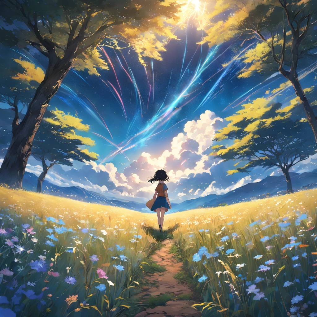 Makoto Shinkai, Vaste photographie de paysage , (a view from below that shows sky above and open field below), Une fille debout sur un champ de fleurs levant les yeux, ( shooting stars:0.9), (nebula:1.3), montagne lointaine, arbre BREAK art de production, (warm light source:1.2), (Luciole:1.2), lampe,