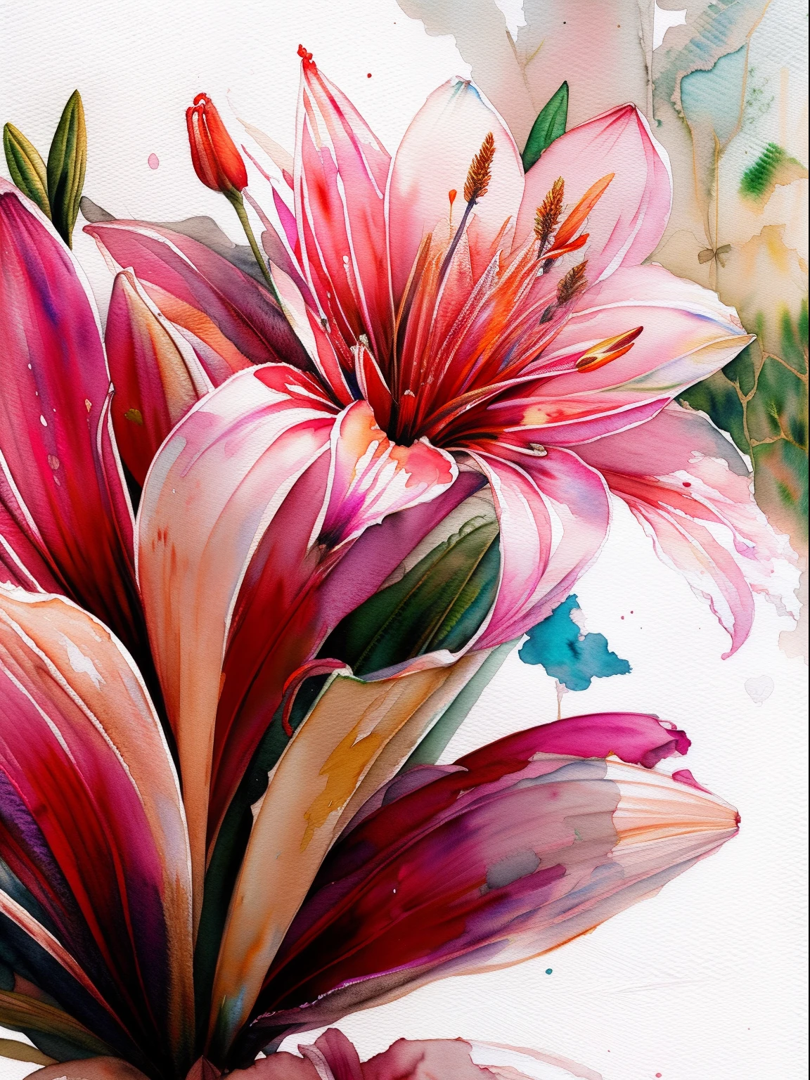 wtrcolor style, digital art of (lilies), official art, blown by the wind, masterpiece, beautiful, ((watercolor)), paint splatter, intricate details. Great detail, [dripping:0.5], trending on Artstation, Rachel Walker