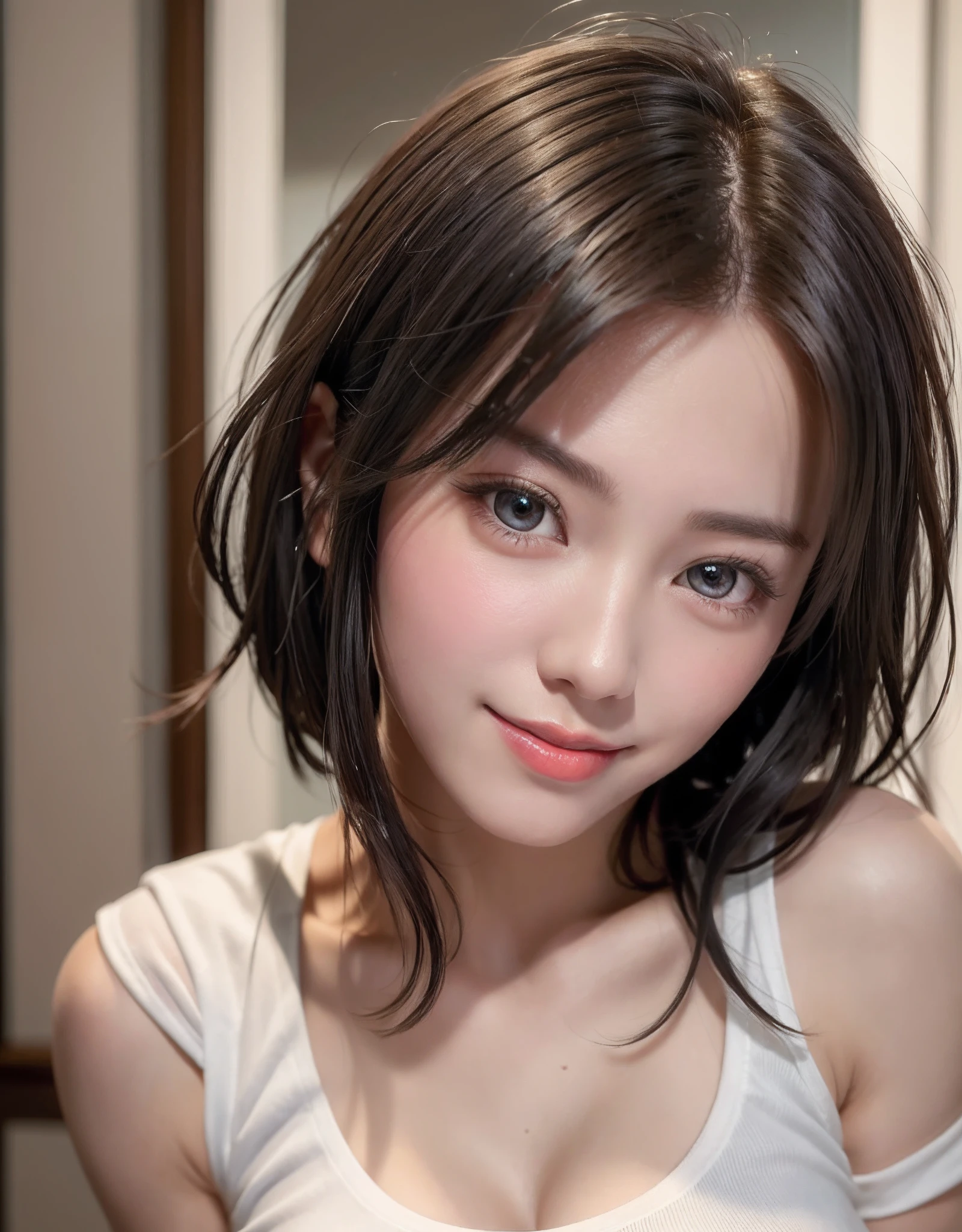 Top quality, 超高分辨率, (Photorealistic: 1.4), Beautiful eyes，short detailed hair，White T-shirt，Beautiful breasts, Lovers, lover's eyes, Sexy smile, Perfect style, Perfect balance, Detailed skin,