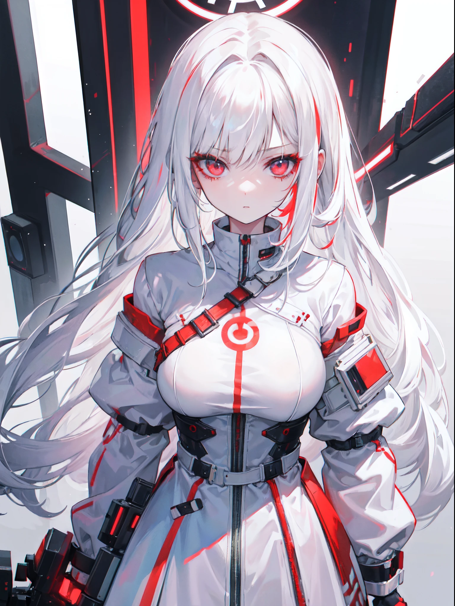 1 girl character, red eyes, white hair, long messy hair, wearing a white fashionable clothing inspired by cyberpunk clothing, white theme, half body shot, extremely detailed face, extremely detailed eyes, volumetric lighting,body complexion, big chest, 8k resolution, centered, masterpiece, looking at the viewer